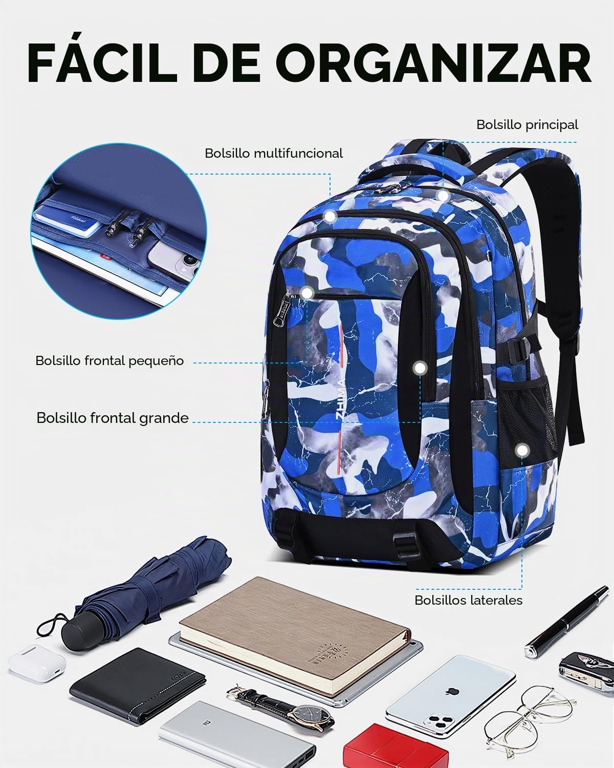 Amythe Mochila Escolar para Adolescente Chico 10-18 Años, Set de Mochila Casual Impermeable Camuflaje con Bolso de Hombro y Estuche para Instituto, Colegio, Universidad,Camuflaje