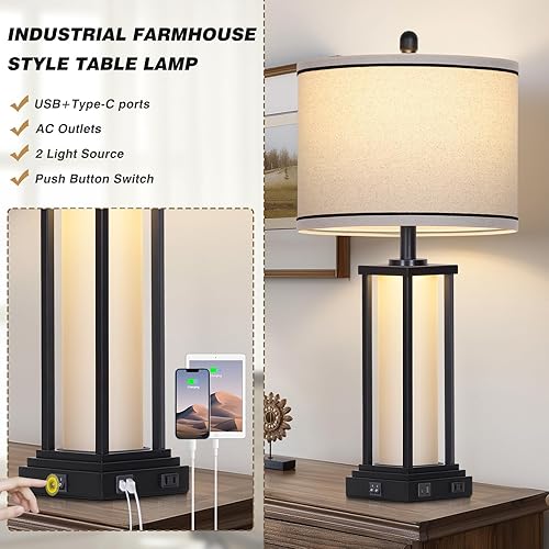 Miniatura 4 de 27in Tall Farmhouse Table Lamp with USB C+A & Outlet,Black Industrial End Table Lamp for Living Room,Vintage Rustic Bedside Lamp with Night Light