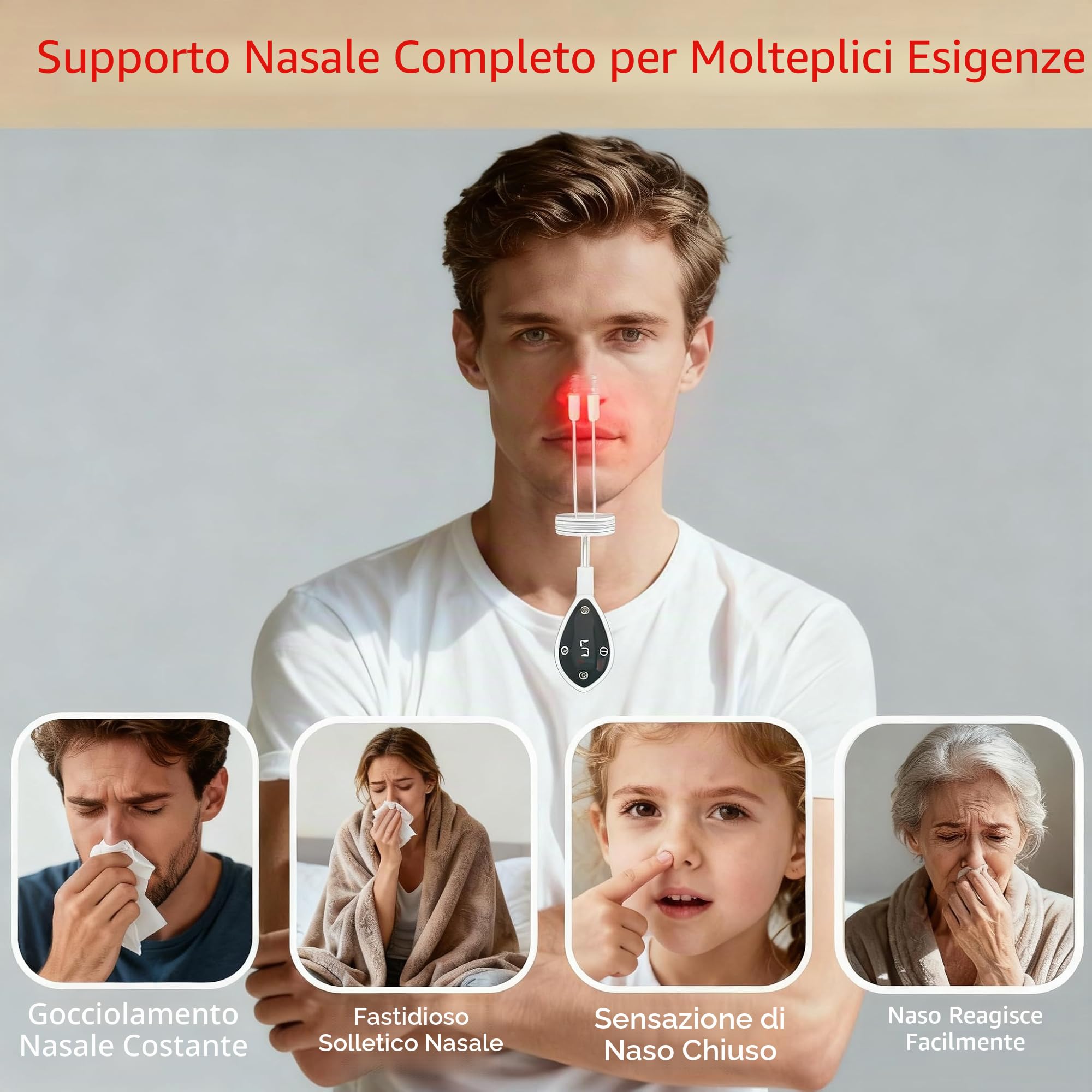 Terapia nasale a luce rossa da 650 nm, dispositivo laser per la salute nasale, 5 livelli di intensità, ricaricabile e portatile, 4 naselli in silicone per un comfort ottimale