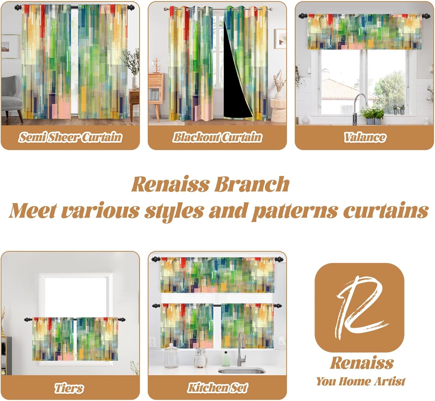 Renaiss 26 x 63 Inch Colorful Window Curtain Linen Texture Rod Pocket Blackout Curtains Abstract Art Painting Modern Patio Blackout Curtains for Living Room Bedroom Window Treatment Drapes 2 Panels