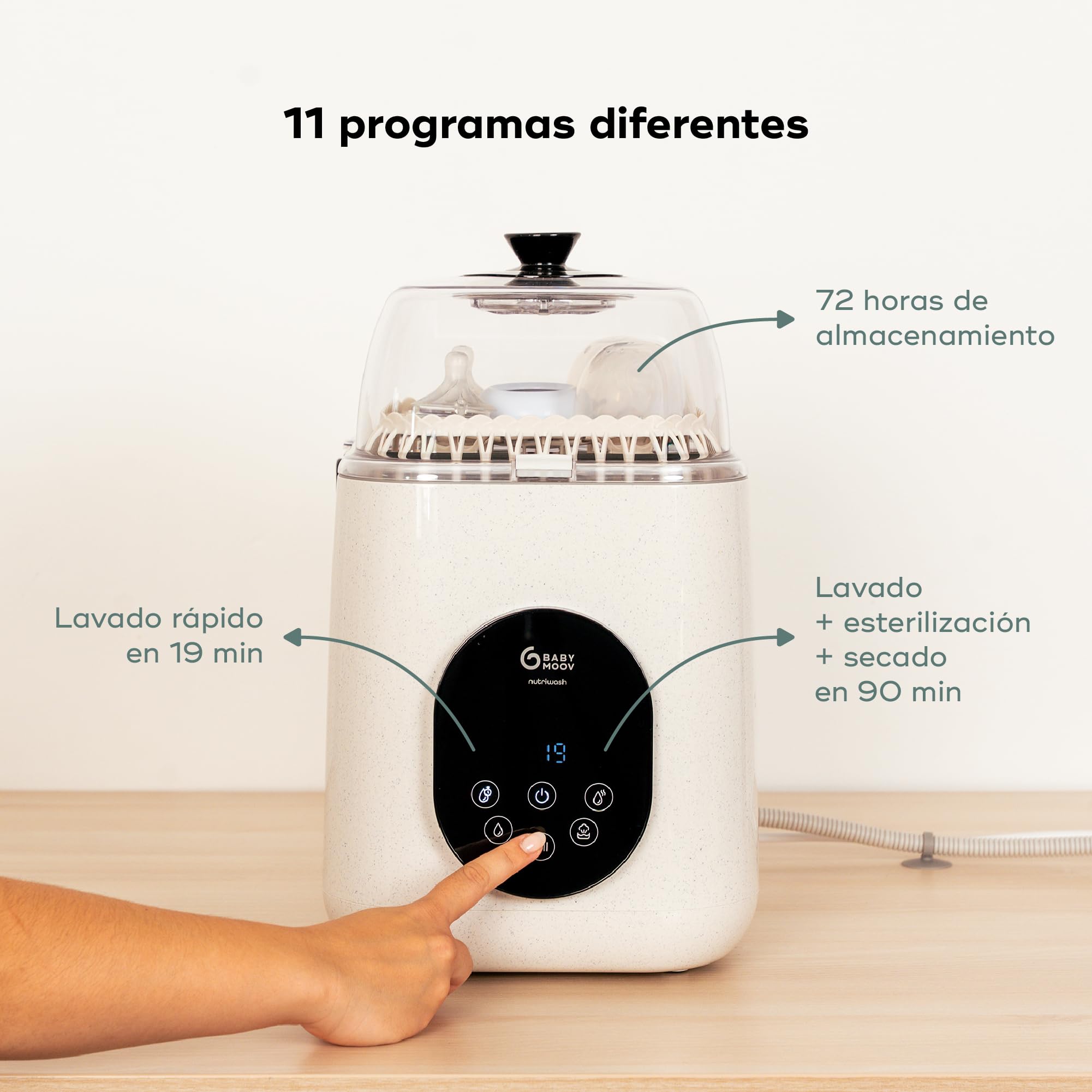 Babymoov Lavabiberones eléctrico NutriWash - Lava, esteriliza, seca y almacena - 11 programas rápidos a partir de 19 min - Compatible biberones y accesorios - Pantalla táctil - Garantía de por vida