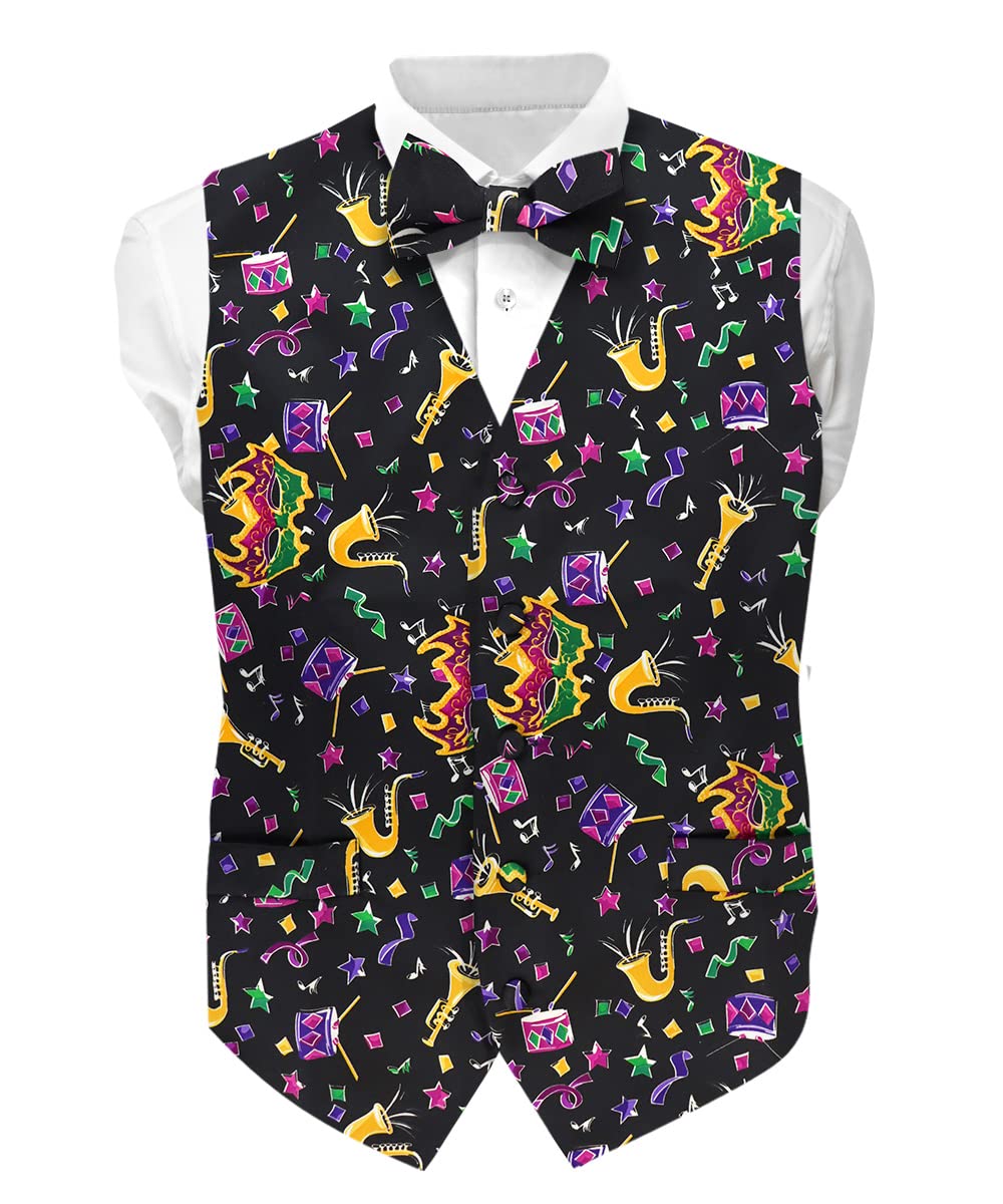 Vittorio Farina Premium Mardi Gras Suit Vest Set for Men - Vest & Bow Tie 2PC Set (Mardi #8, XL)