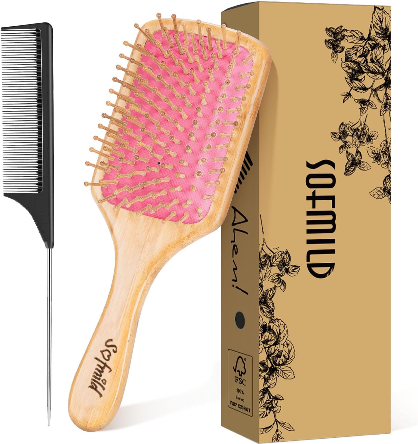 SofmildHair Brush-Natural Wooden Bamboo Brush-Eco Friendly Detangle Paddle Hairbrush for Women Men and Kids Massage Scalp Increase Hair Growth