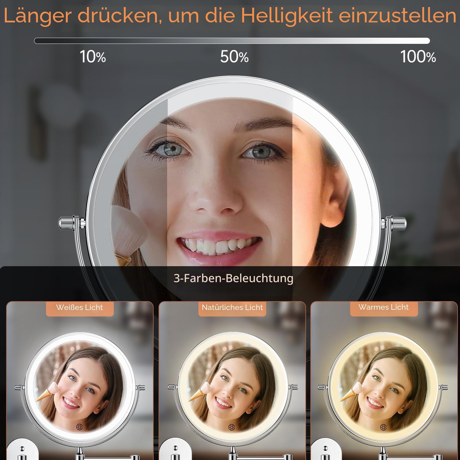 FUNTOUCH 4000mAh Wiederaufladbar Kosmetikspiegel mit Beleuchtetung, 1X 30X Spiegel Vergrößerung Wandmontage, Dimmbarer Rasierspiegel 3 Farben, Touchscreen, 360° Drehbar, Schminkspiegel für Badezimmer