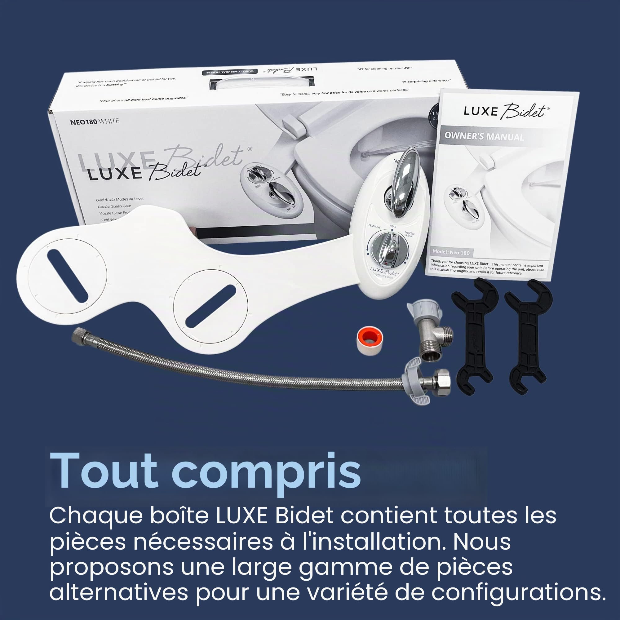 LUXE Bidet NEO 180 - Bidet non électrique avec auto-nettoyage, double buse et fixation pour siège de toilette - Pression de l'eau réglable, modes lavage arrière et intime, commande par levier, blanc