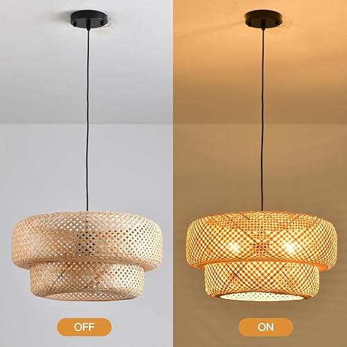 Miniatura 8 de LHJIHFU Luces colgantes para isla de cocina con forma de lamshape de bambú de 3 capas, moderna lámpara colgante de bambú tejida a mano para sala de