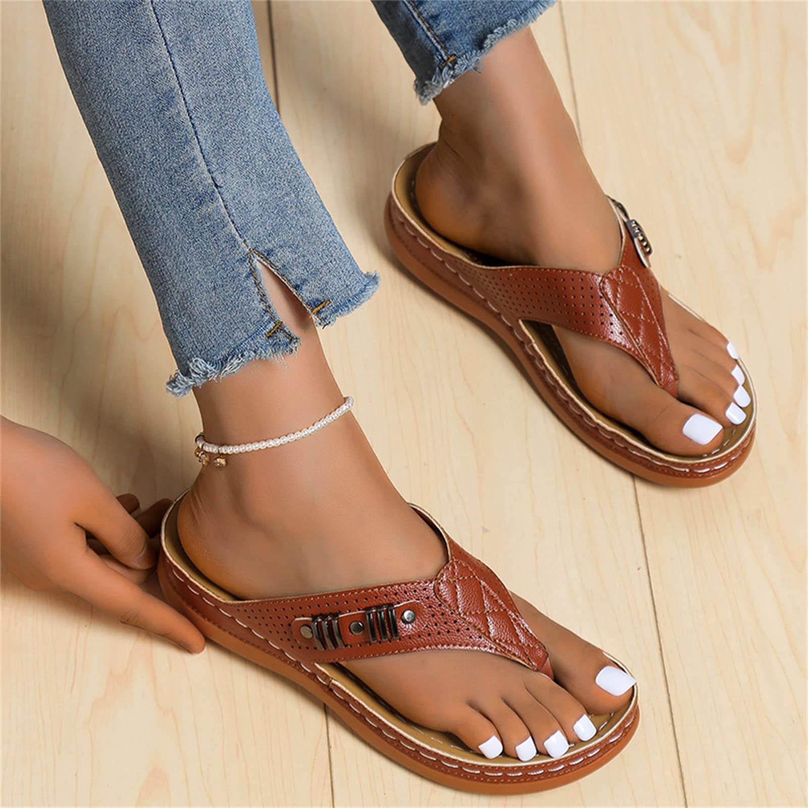 Amazon.co.jp: Summer Flip Flop Comfortable Open Toe Thong Sandals Slippers  Metal Decoration Breathable Beach Walking Shoes For Women With Arch ...