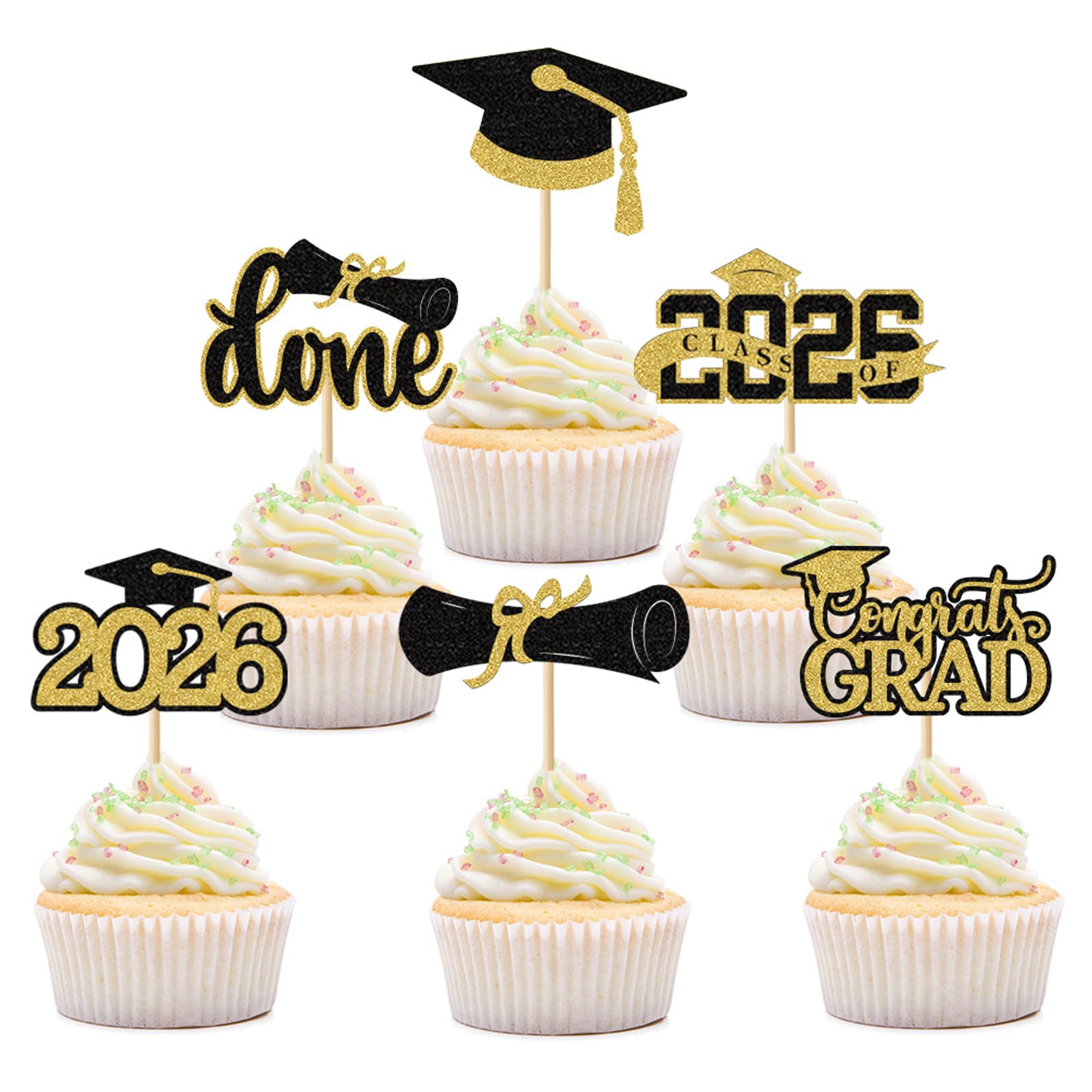 Photo 1 of 2026 Graduation Cupcake Toppers Picks - 48 PCS Pre-Assembled Gold Glitter Cake Picks, Diploma & Grad Cap Decor Party Supplies for Class Graduation Decorations Gifts