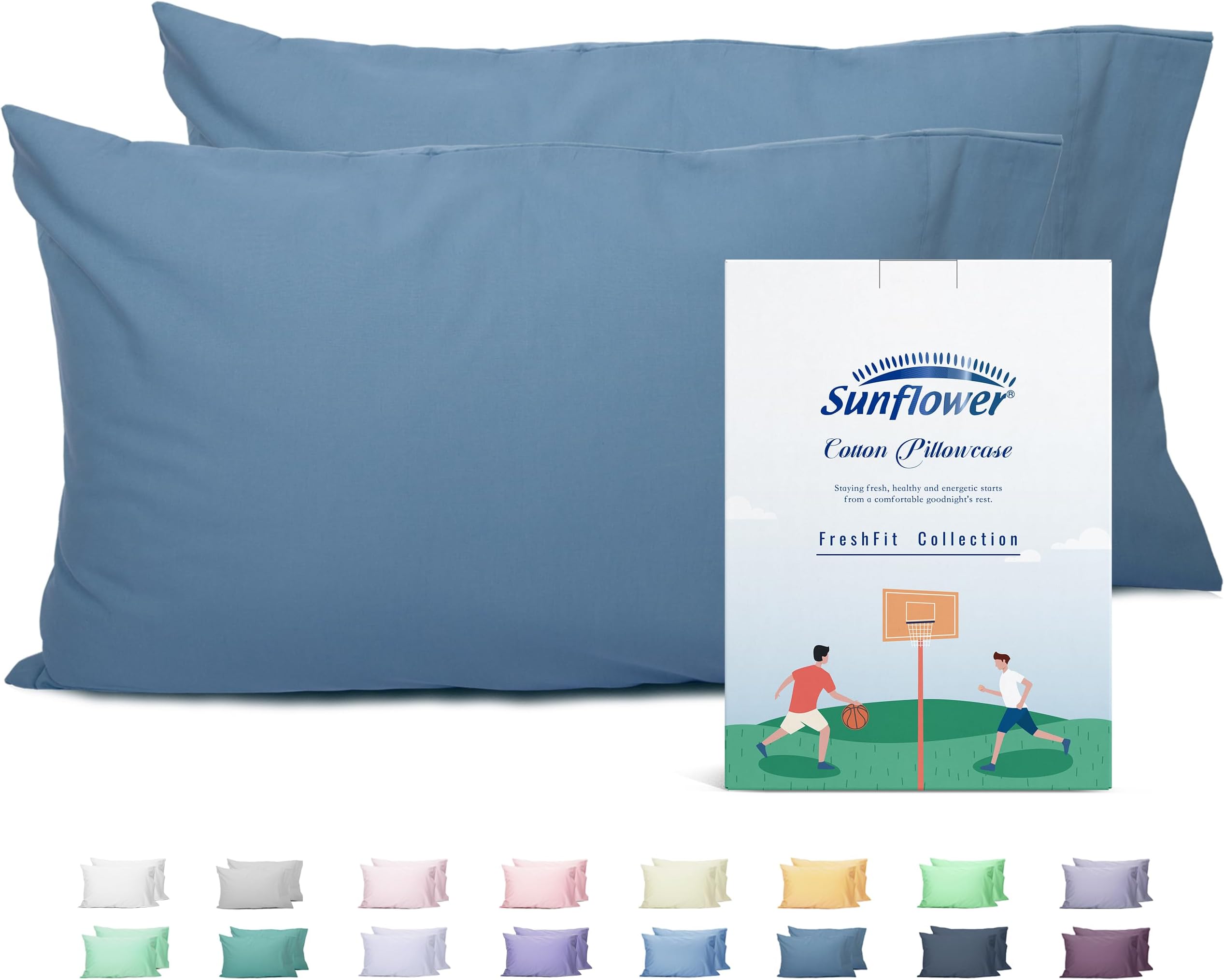 Sunflower King Pillowcases Set of 2, 100% Cotton King Pillow Cases 2, 20×40 inches Copen Blue, Soft and Breathable