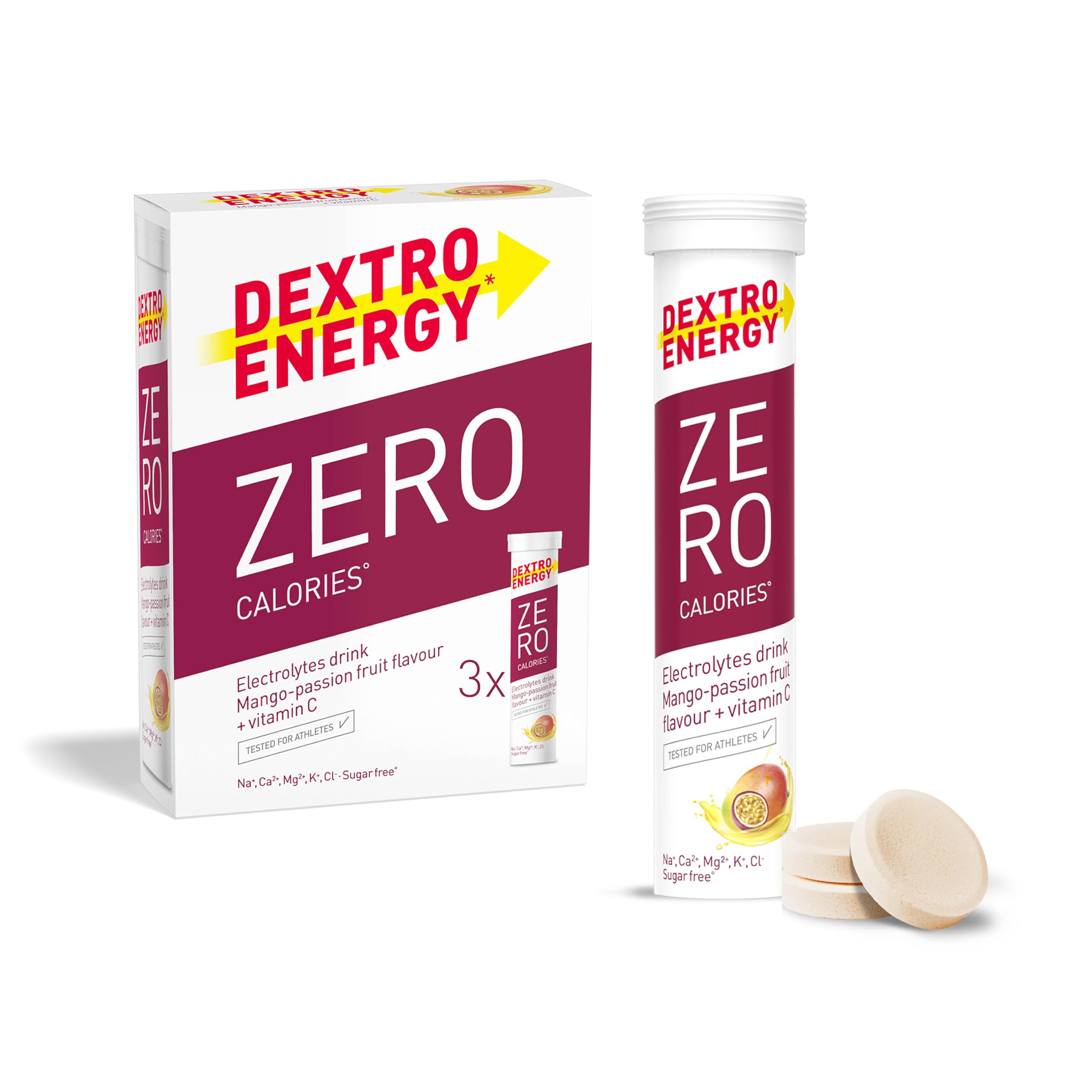 Dextro Energy Zero Calories Mango and Passionfruit I Electrolytes Sports Drink I Effervescent Tablets | Rapid Recovery and Hydration Electrolyte Drink I with Vitamin C I Vegan I 3 Tubes, 60 Tablets
