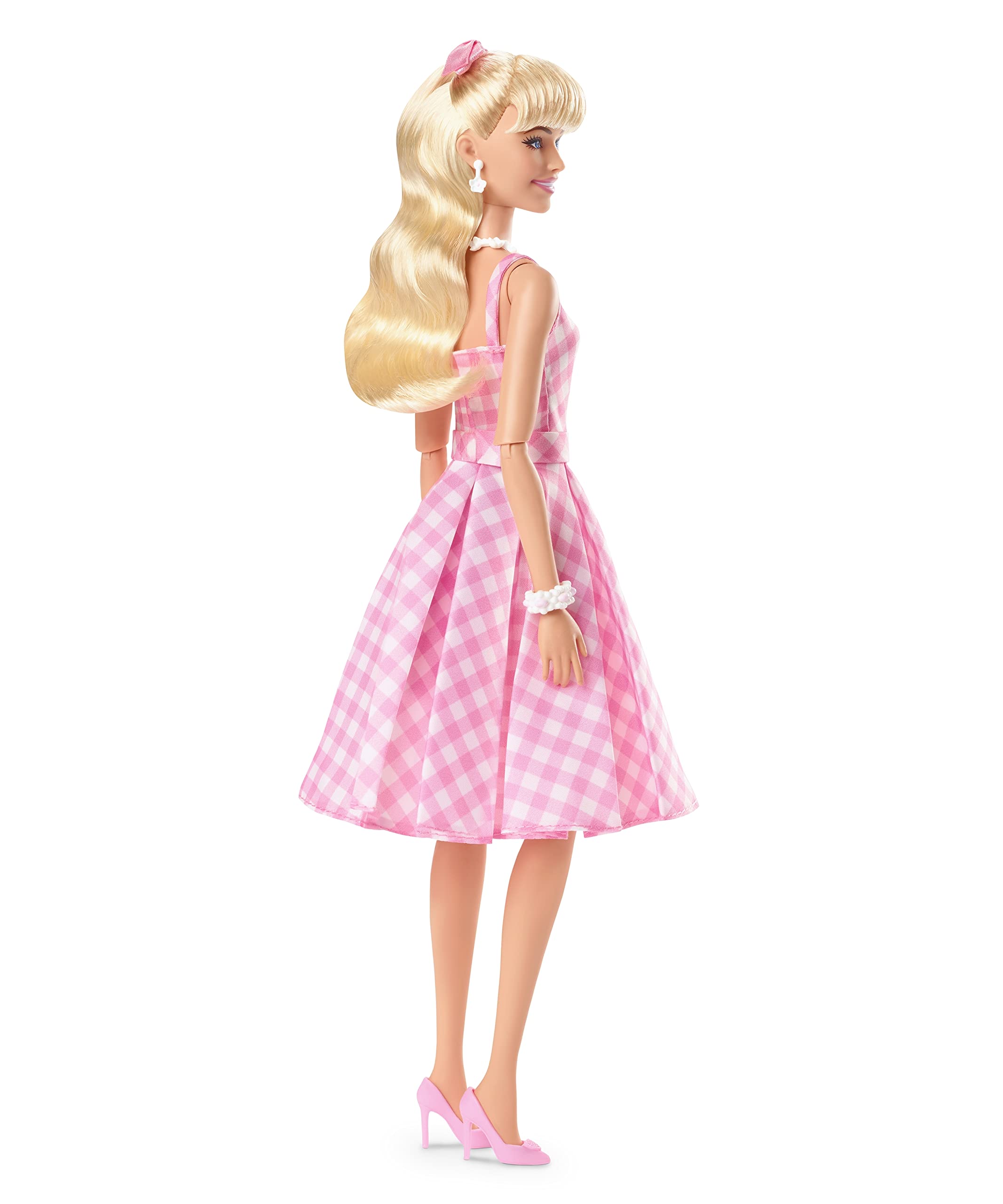 Barbie The Movie Doll, Margot Robbie as Barbie, Collectible Doll Wearing Pink and White Gingham Dress with Daisy Chain Necklace, HPJ96
