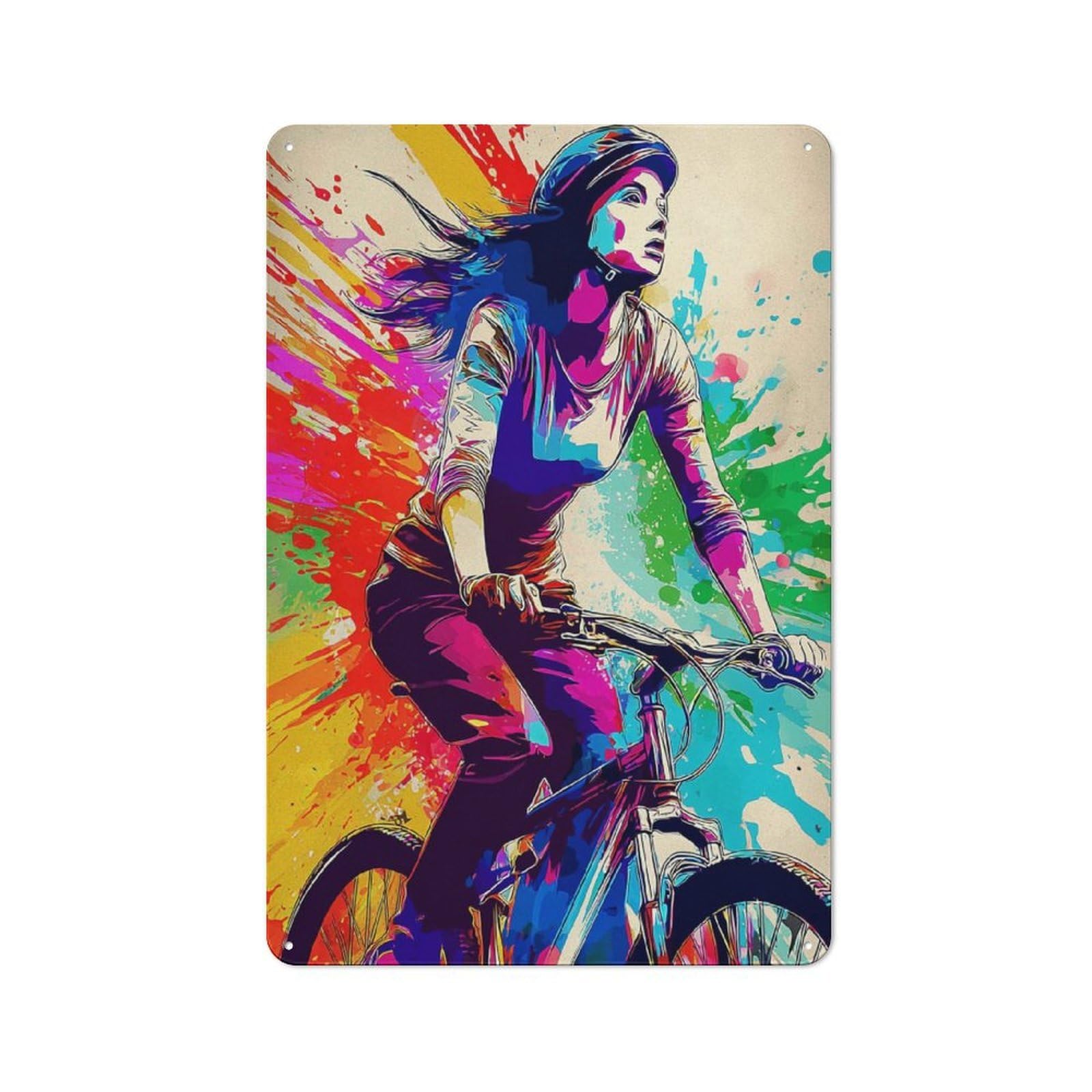 Junmoney Colorful Cyclist In Motion -2 Tin Wall Plaque 30X20cm With For Home Office Or Studio, For Home Office Decor Fans