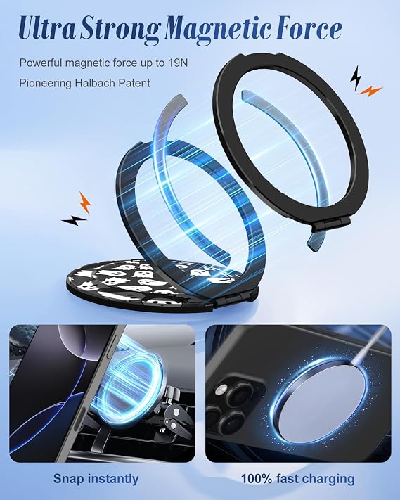 Toycamp Phone Grip Ring Holder Stand - Stick Thin Magnetic Metal Phone Accessories Grip with 360 Rotation Adjustable Aesthetic Design for Women Girls Cute for iPhone Ring Holder Grip, Ghost
