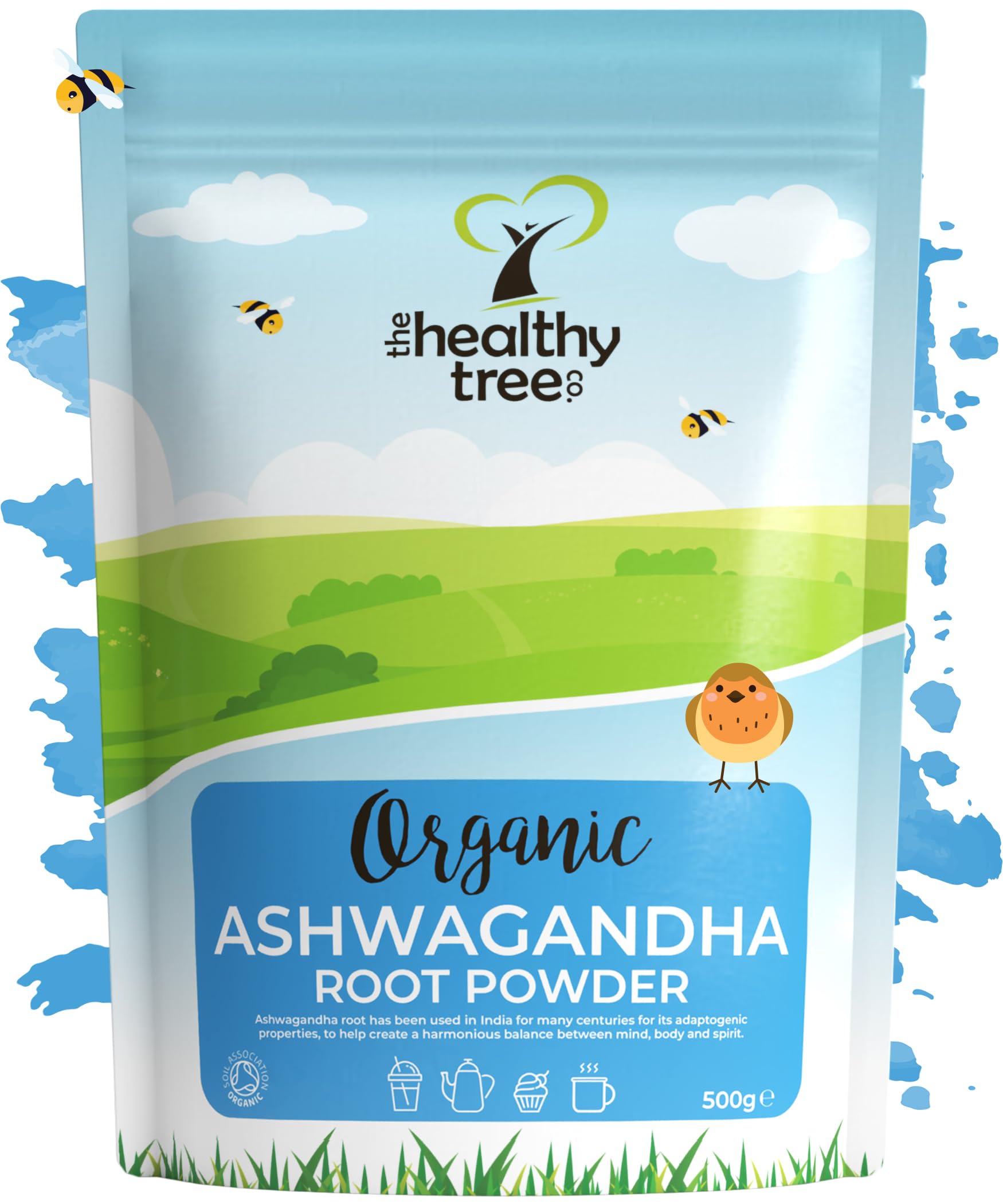 Organic Ashwagandha Powder - Raw Vegan Ashwagandha Root Powder by TheHealthyTree Company - Certified Organic Natural Stress Relief and Energy Support (500g)EU OrganicSoil AssociationSoil AssociationSoil Association
