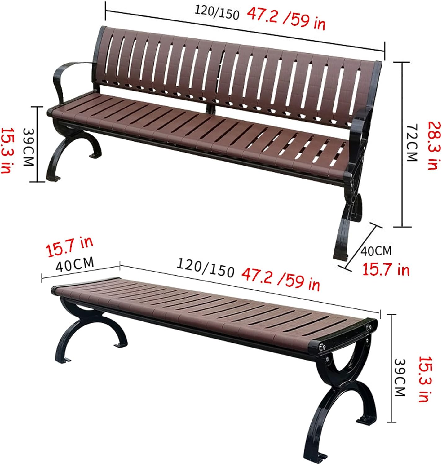 Outdoor Plastic Wood Bench, Curved Chair Leg Design Bench Park， with Curved Backrest and Armrest, Two Styles Available, for Patio, Porch or Balcony (Color : A Yellow, Size : 47.2in/120cm)