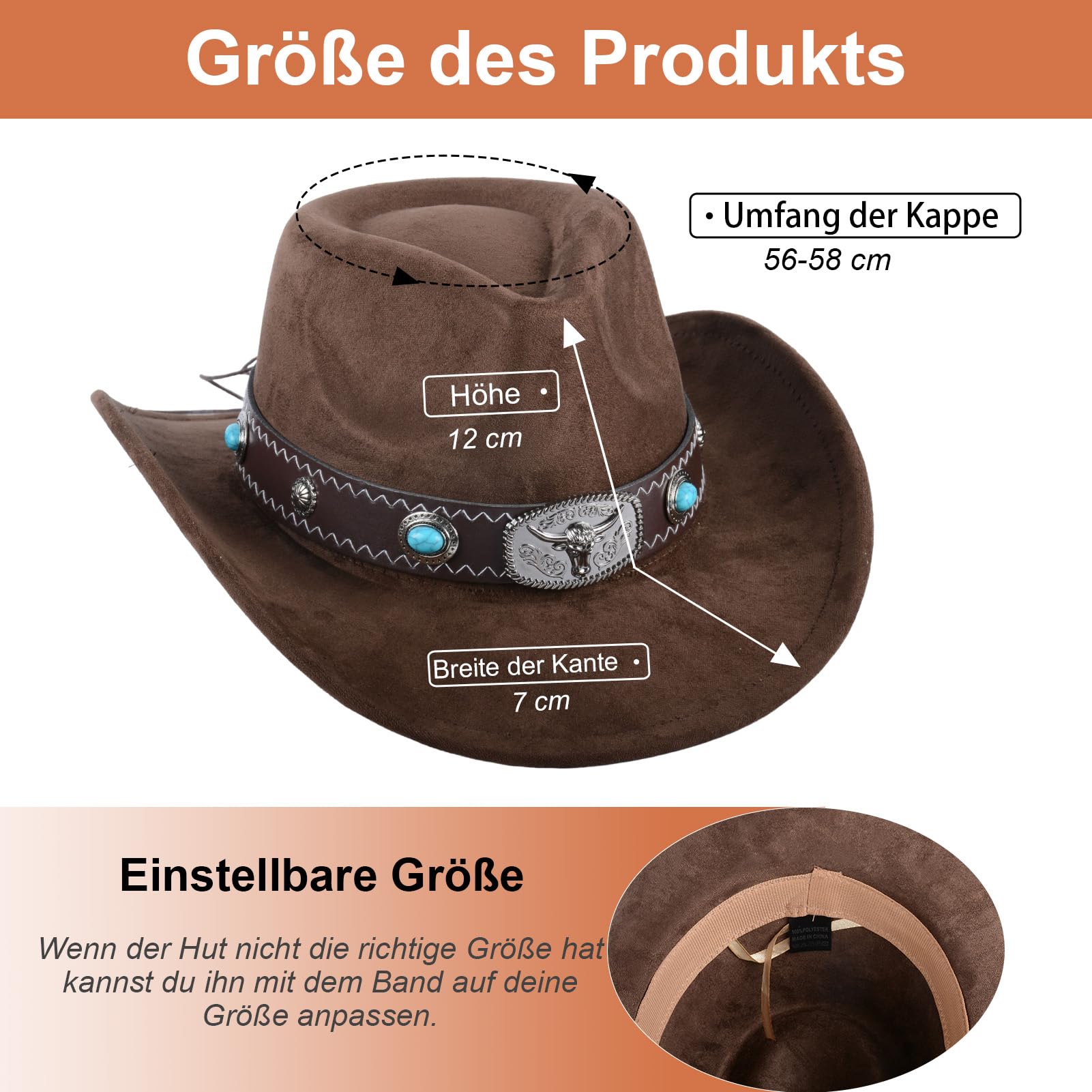 Cappello da cowboy per uomo e donna, traspirante, con fascia interna regolabile (56-58 cm), stile occidentale con tesa di 7 cm, per esterni, marrone, M