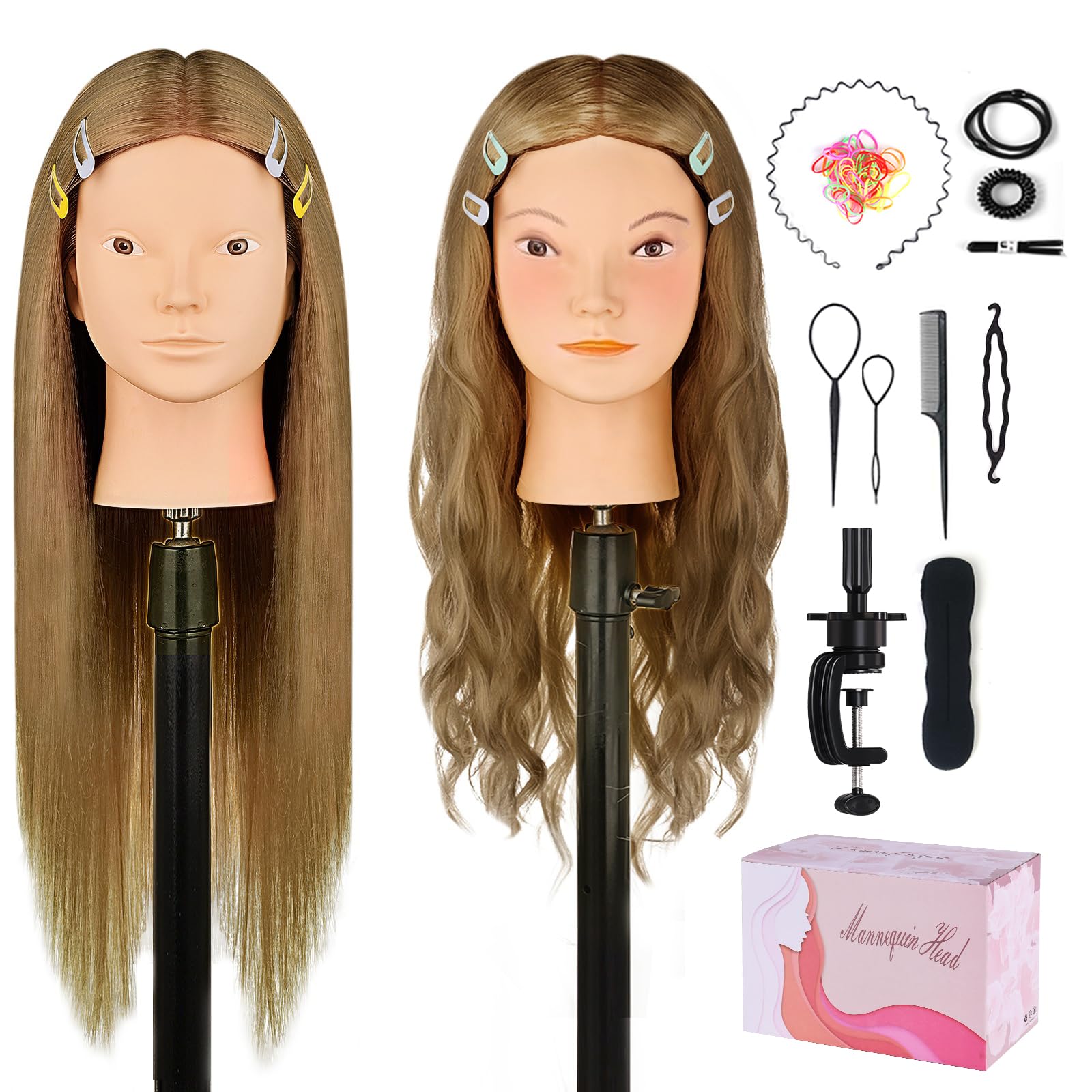 Mannequin Head with 70% Real Human Hair, Beauty Star 26" Manikin Cosmetology Training to Practice Hair Styles with Stand and Braiding Set, Maniquine Doll head for Hair Styling