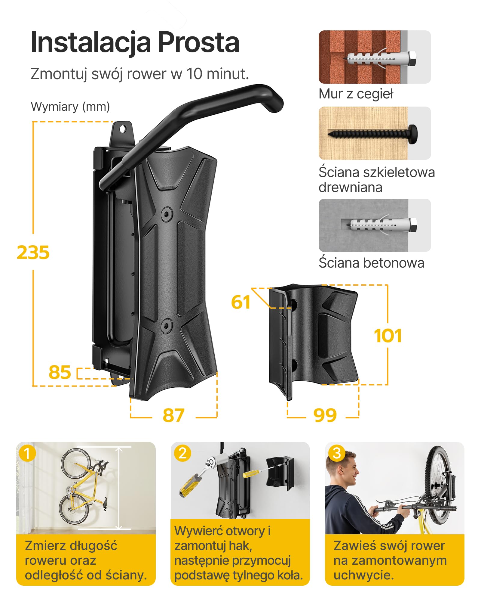 monTEK Obrotowy uchwyt ścienny do roweru, hak rowerowy, stalowy uchwyt rowerowy, ścienny, zestaw 3 szt