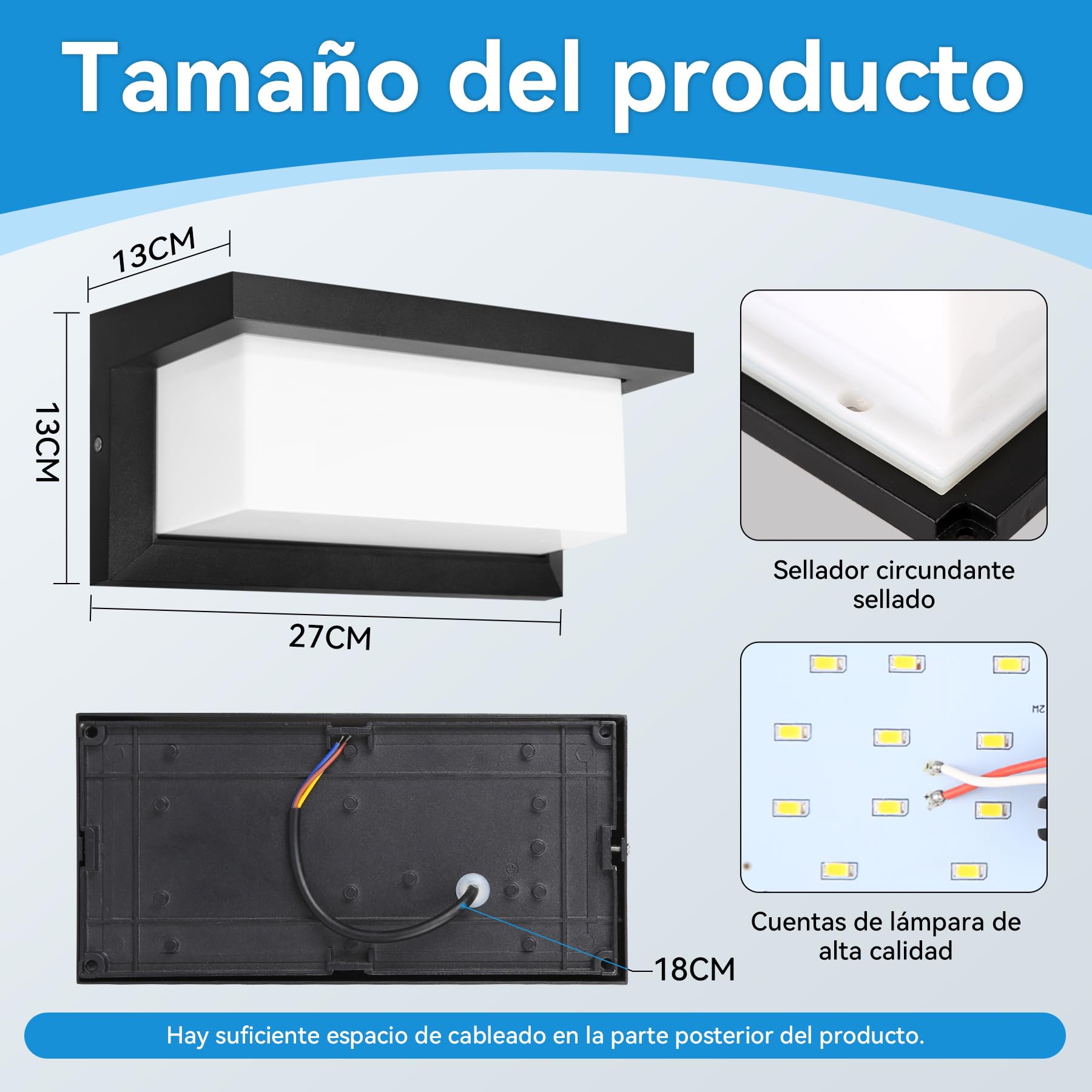 18W Aplique Pared Exterior LED, 2 Piezas Lampara Exterior Pared Interior IP65 Impermeable,Moderna Luz de Aluminio 3000K 4000K 6500K para Terraza,Jardin,Pasillo,Garajes,Salón,Dormitorios