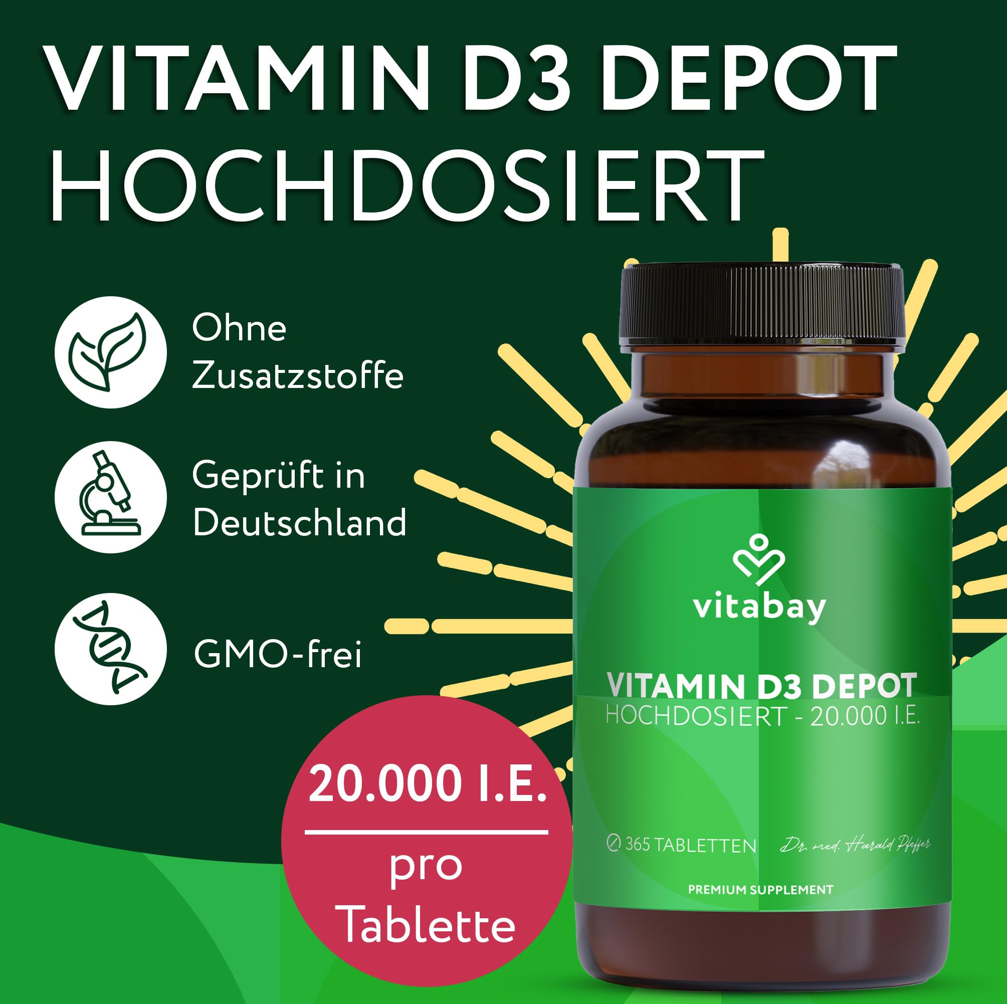 Vitabay Vitamin D3 Depot 20.000 I.E. – 1095 vegane Tabletten | hochdosiert & vegan – ohne Zusatzstoffe – laborgeprüft – Vorrat für sehr lange Zeit