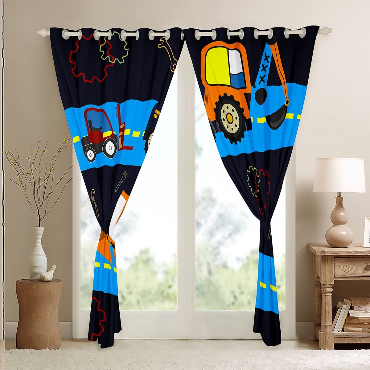 Cortinas de Ventana de construcción para niños, para Dormitorio, Sala de Estar, maquinaria de niños, Cortinas de Ventana de camión, Sitio de construcción, Cortinas de vehículo de Coche, excavadoras,