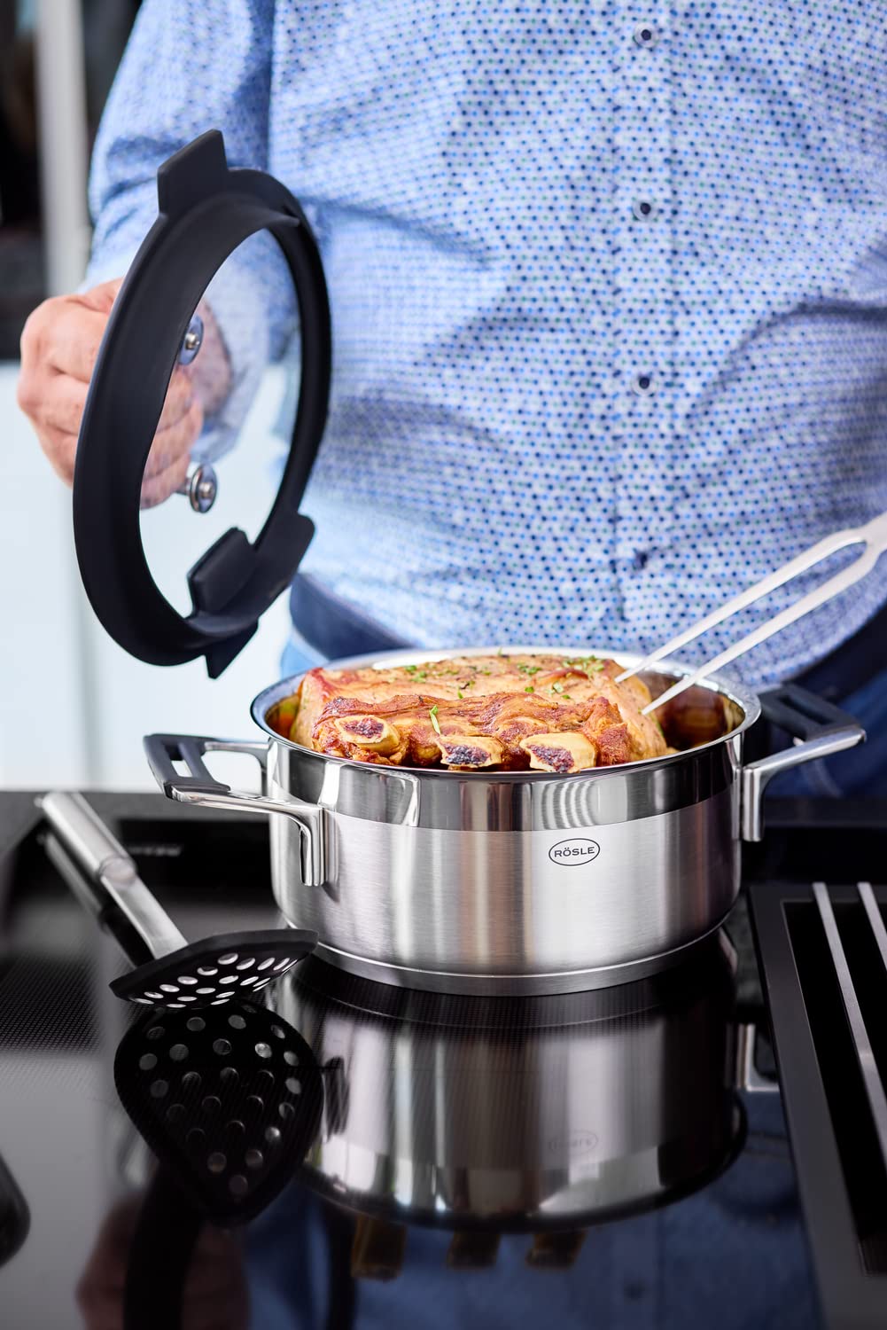 RÖSLE Bratenthermometer digital & Aufschnitt- und Vorlegegabel, Hochwertige Gabel zum Servieren von Fleisch, Wurst und Käse, Edelstahl 18/10, Länge 35 cm, Spülmaschinengeeignet