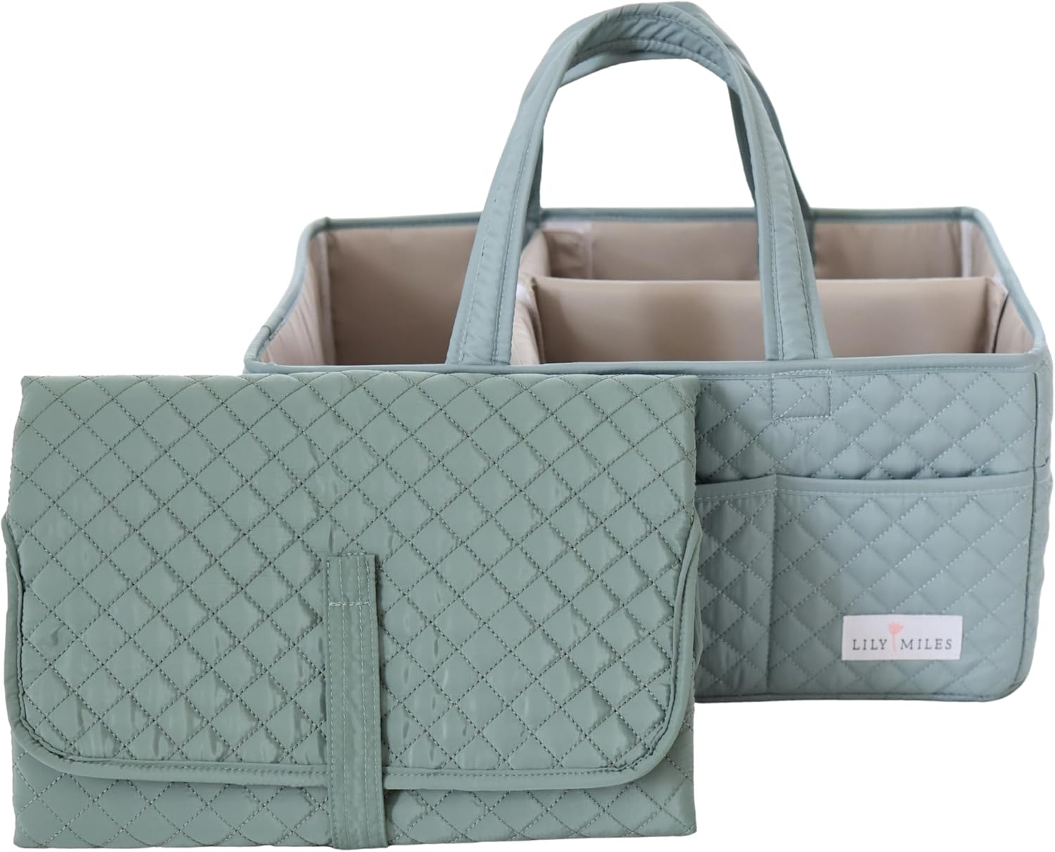 Lily Miles Organizador de pañales acolchado con cambiador a juego, color verde sauce