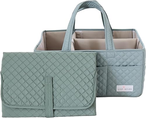 Lily Miles Organizador de pañales acolchado con cambiador a juego, color verde sauce