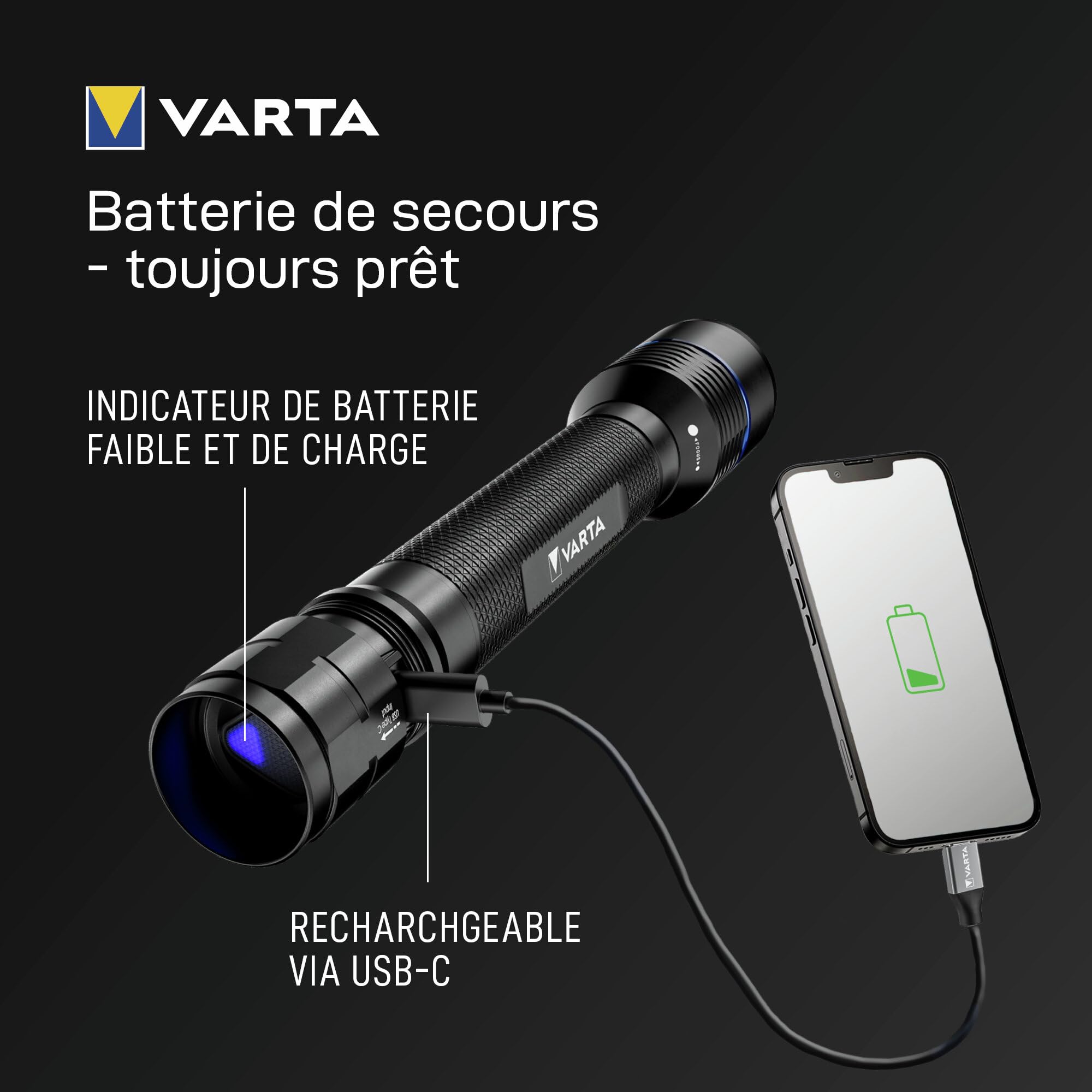 VARTA Lampe Torche LED rechargeable avec Power Bank, Night Cutter Pro F40R, pour l'extérieur et la maison, 2000 lm, étanchéité IP67, aluminium aéronautique, mise au point précise, dragonne incluse | 5 modes d'éclairage, Powerbank 5200 mAh, aluminium aéron
