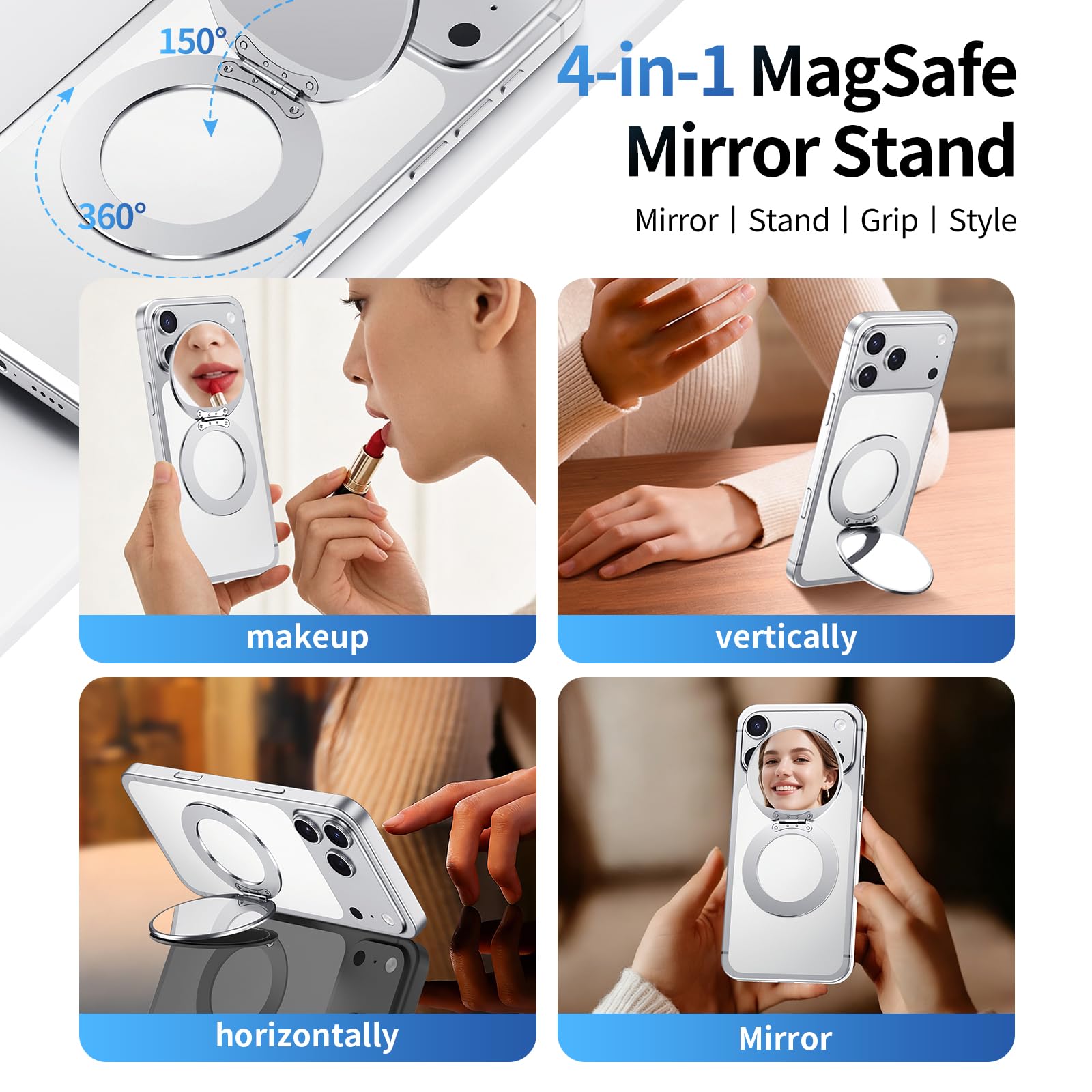 Custodia magnetica per telefono con specchio per MagSafe Supporto universale regolabile in metallo per iPhone 17/16/15/14 Pro Max Slim Phone Mirror per tutti gli smartphone utilizzati per donne