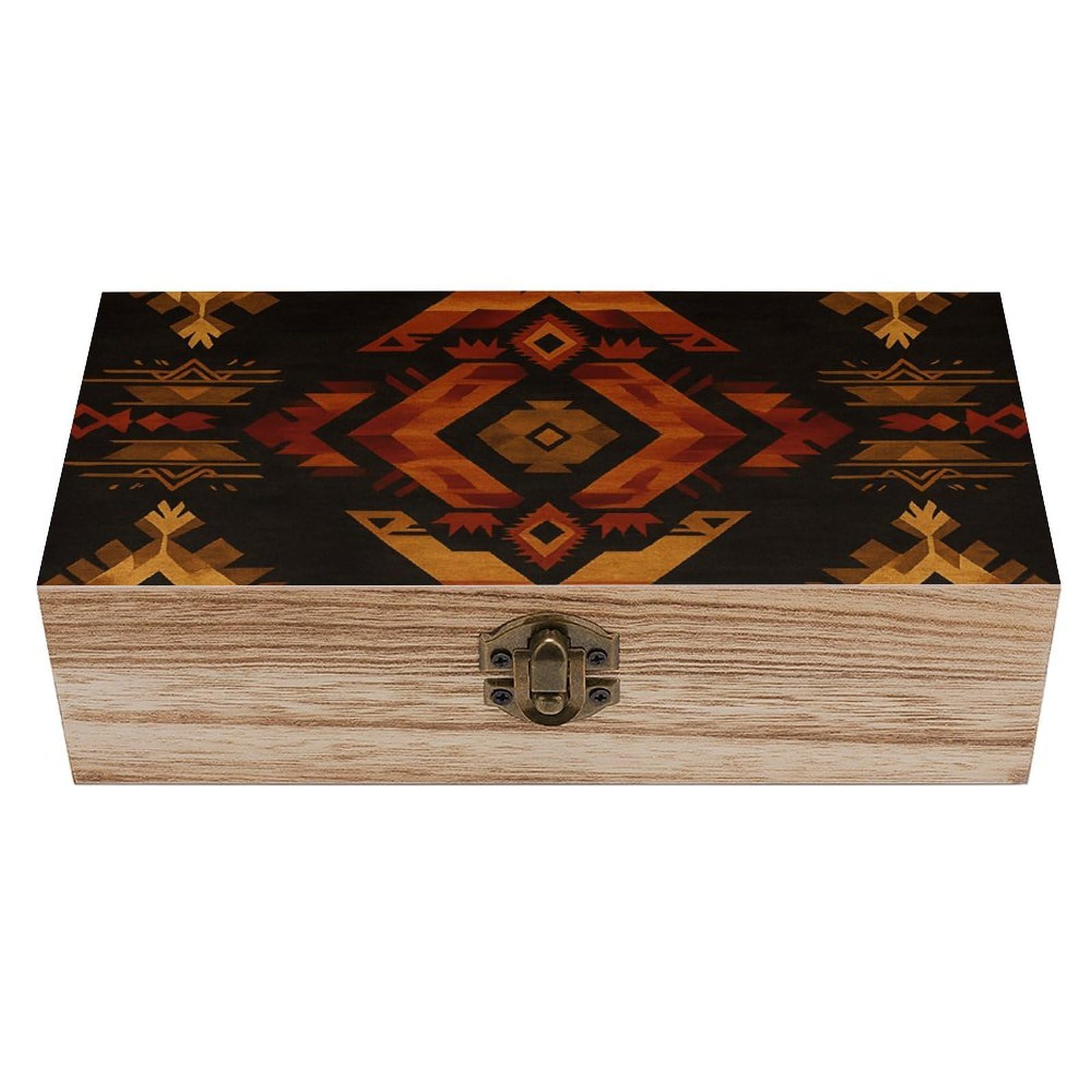 Oudrspo Aztec Boho Geometric Pattern Retro Wooden Storage Box Keepsake Jewelry Decorative Art Storages Box Gift Boxs