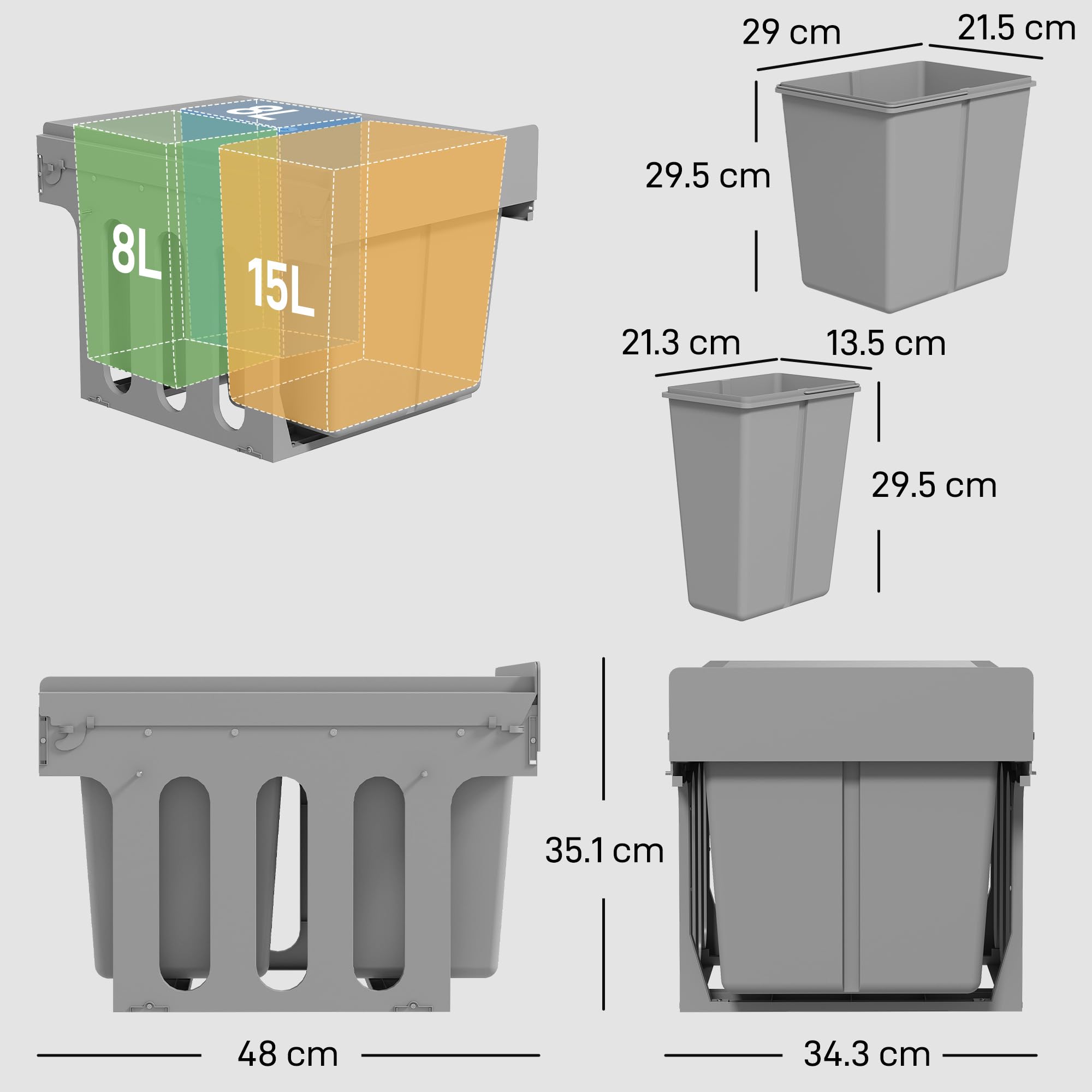 HOMCOM Pattumiera Estraibile Sottolavello 48x34.3x35.1 cm Grigio Chiaro | per Raccolta Differenziata 31L, Bidone Rifiuti, 3 Secchi Rimovibili, con Piano Superiore
