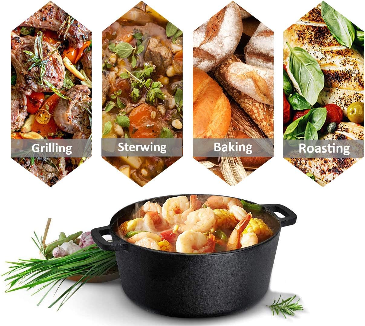 Cast Iron Dutch Ovens 5-Quart Double Pot Set with Loop Handles Camping Cast Iron 10 Inch for Indoor and Outdoor