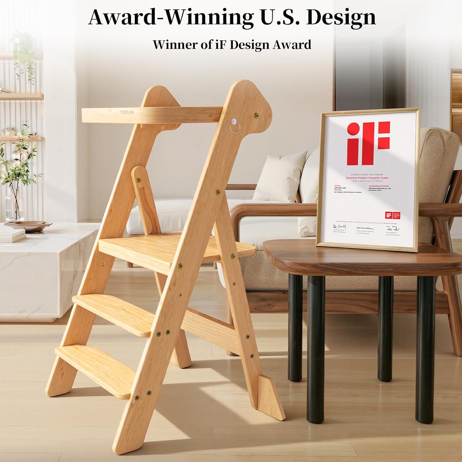 COSYLAND Foldi Foldable Toddler Kitchen Stool - Adjustable Height Toddler Standing Tower with Net & Safety Feet, IF Award-Winning Wooden Learning Step Tower for Kids Ages 18M-6Y, Natural