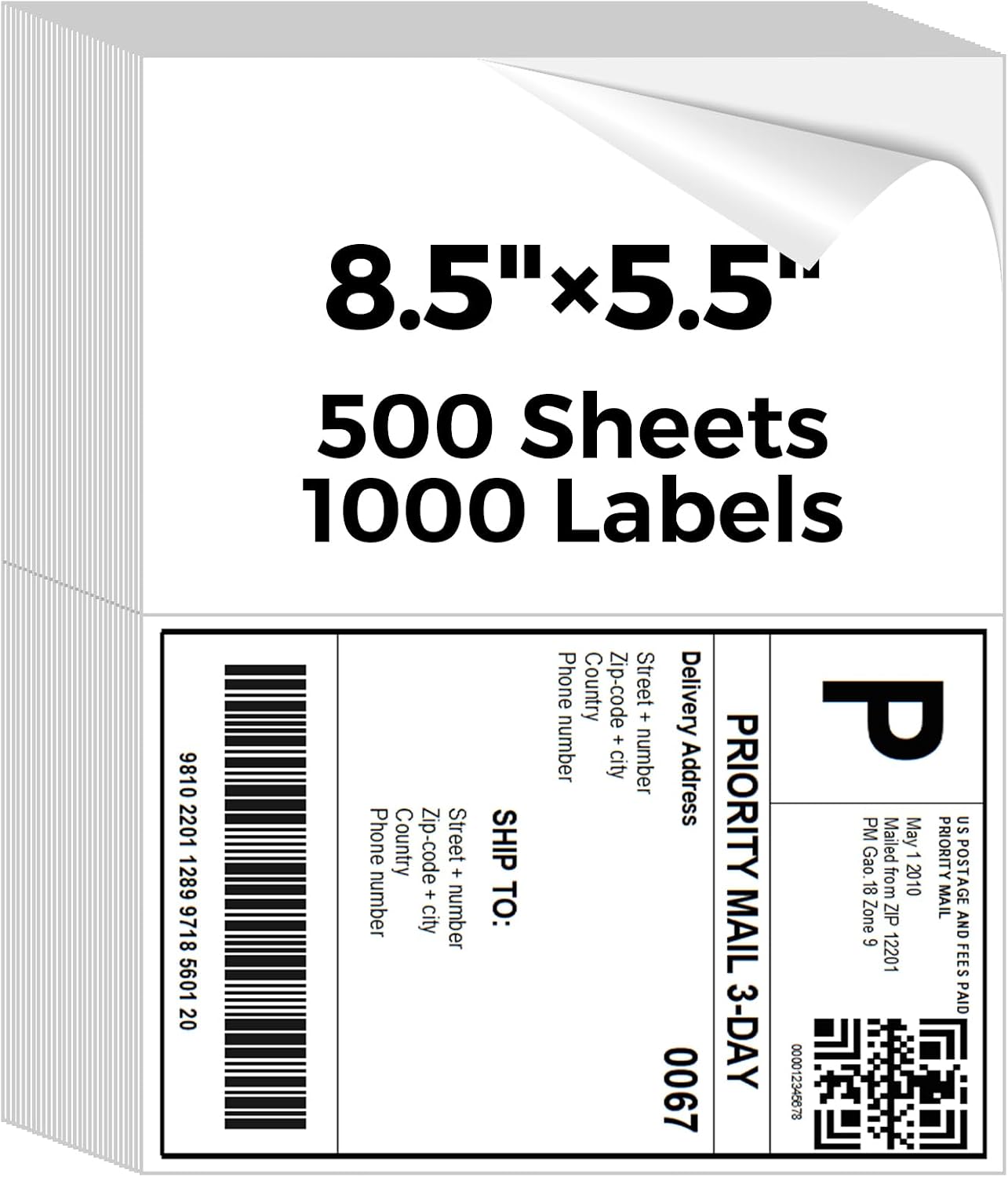 500 Sheet 8.5" x 5.5" Half Sheet Shipping Address Labels for Packages