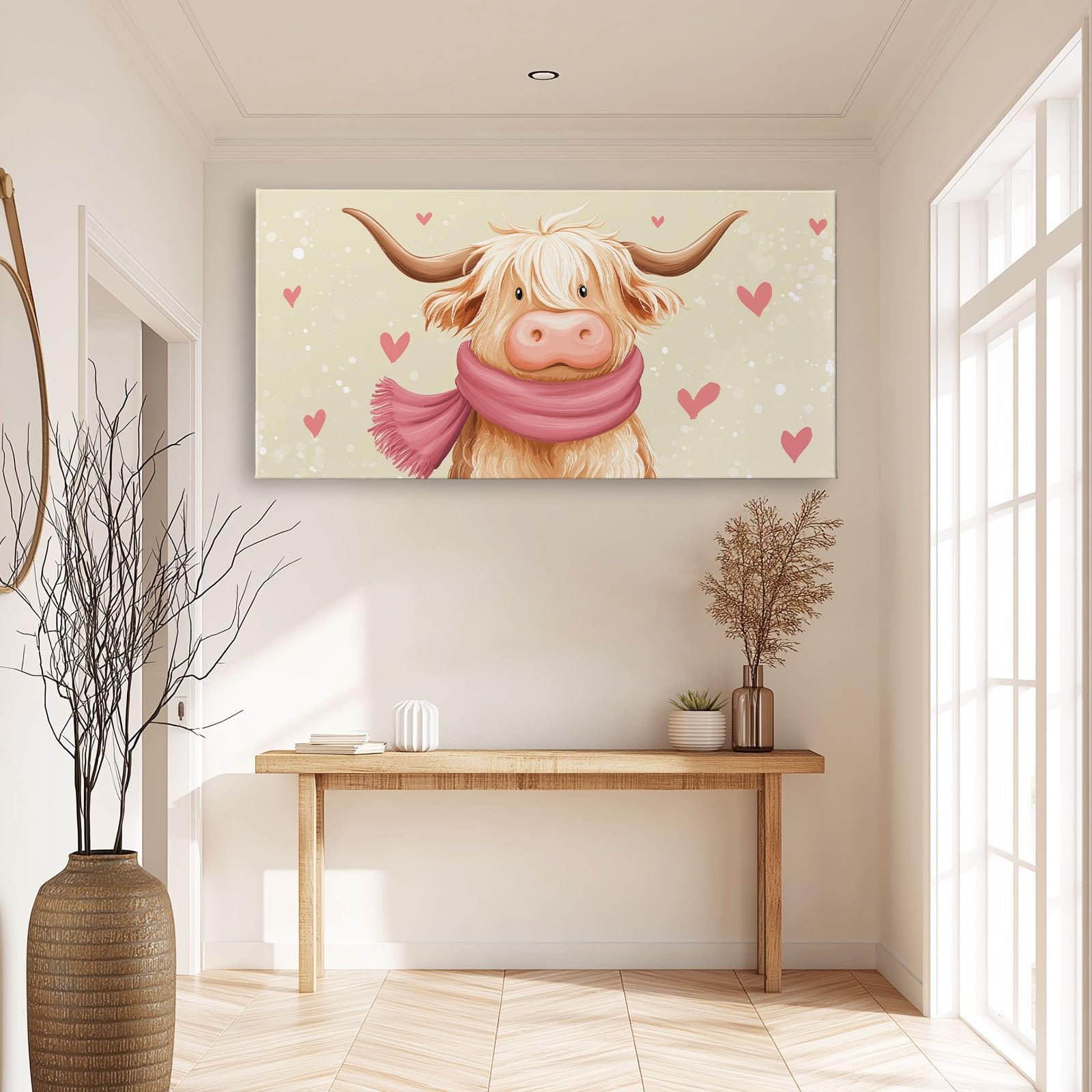Generisch Niedlich Tiere Hochlandrind Herz Modernes Leinwandbild 140L x 70B cm mit Rahmen, Cartoon Stil XXL Wanddeko für Wohnzimmer Geschenk Idee Einzug - Hochwertiger Kunstdruck auf Holzrahmen