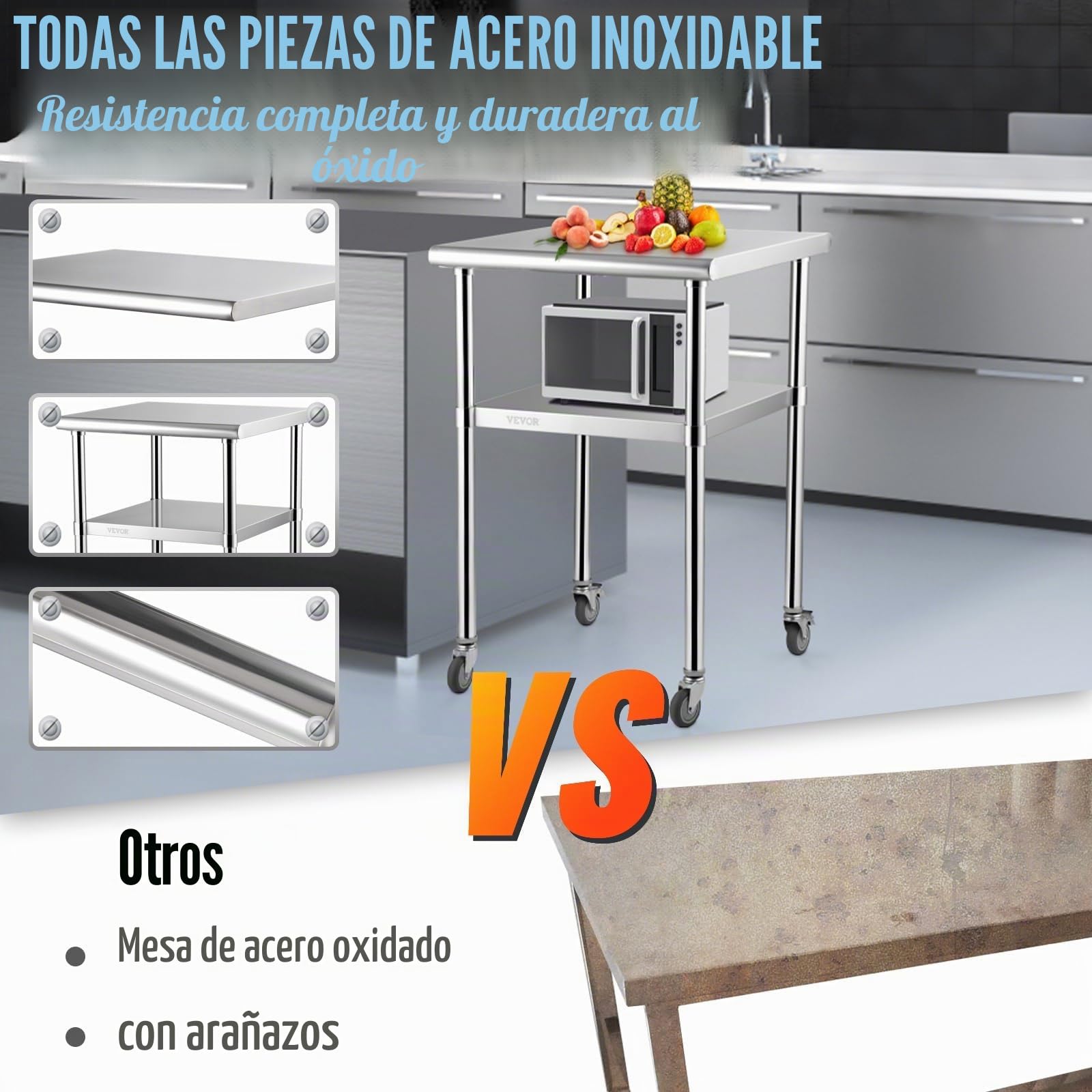 VEVOR Mesa de Trabajo de Acero Inoxidable 61x61x91,4 cm Mesa de Preparación de 2 Niveles Carga de 272,4 kg Mesa de Cocina con 4 Ruedas Estante Ajustable en Altura para Cocina Restaurante Bar Garaje