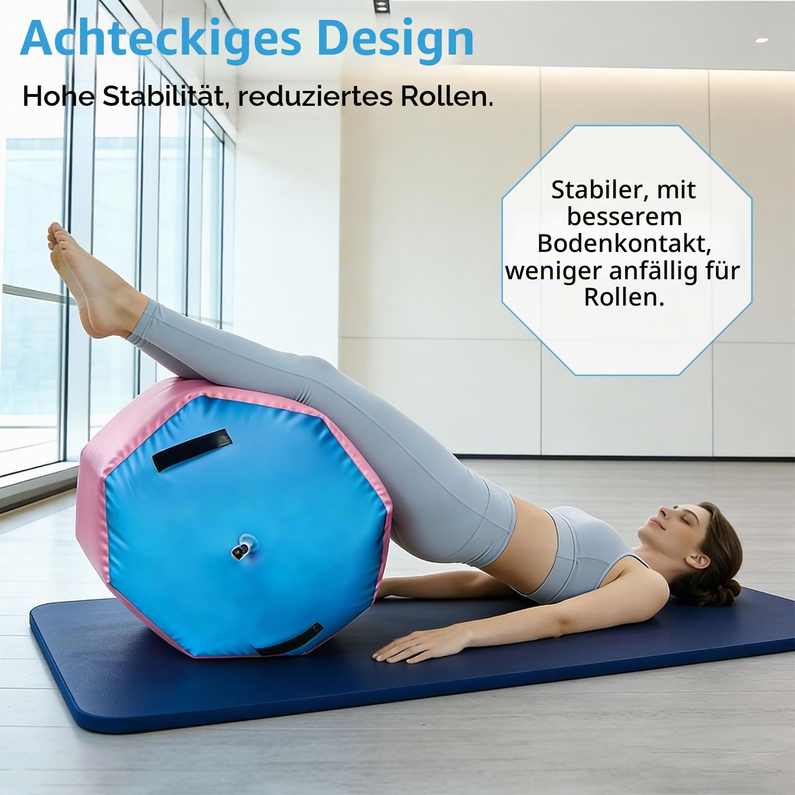 Aufblasbare Air Roll, 80 * 100cm Air Rolle Turnen, Gymnastikmatte mit Luftpumpe, Achteckige Turnmatte, Air Barrel Gymnastik Rolle Tumbling Matten Fitnessrolle für Yoga Fitness Zuhause