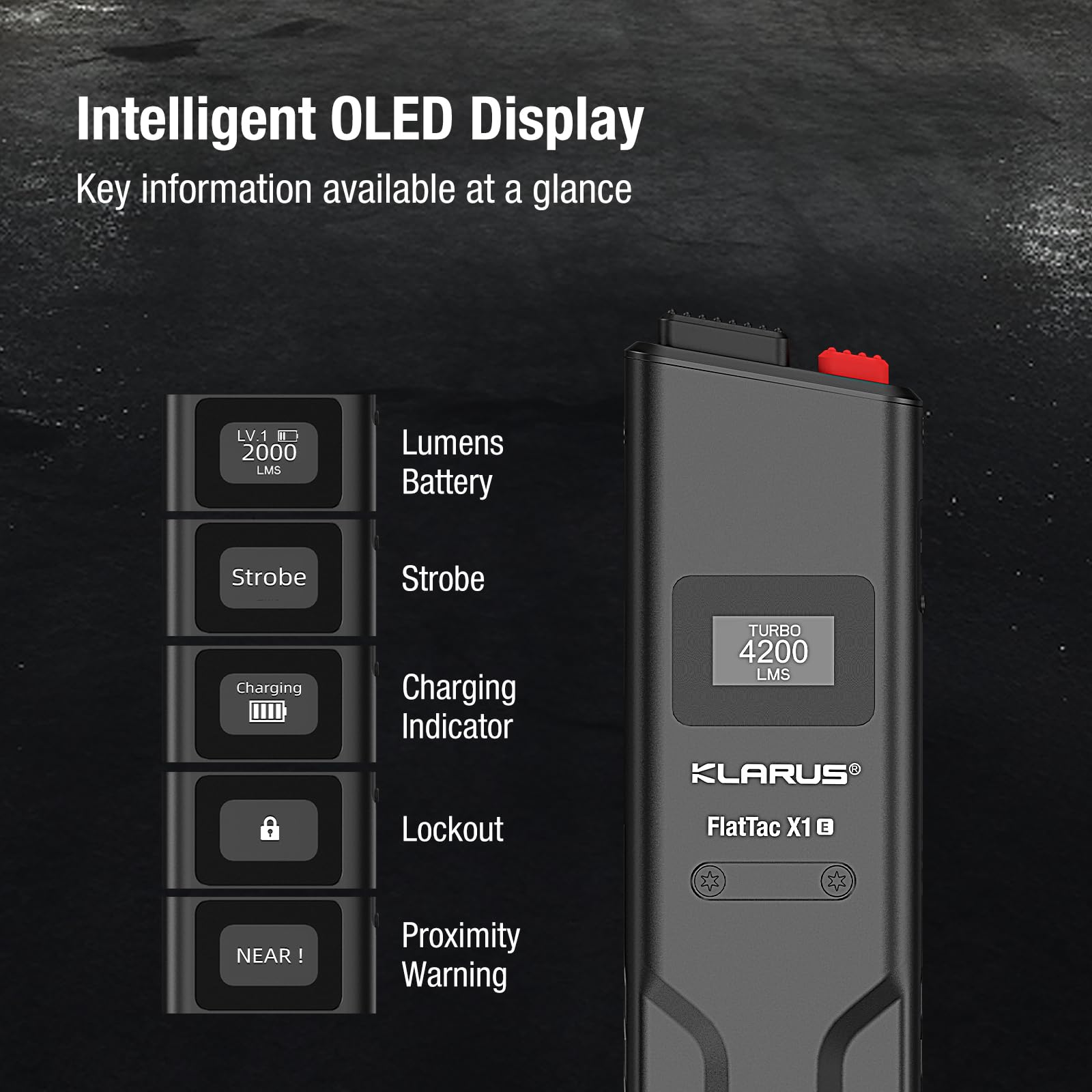 klarus FlatTac X1 Torcia tattica 4200 lumen EDC, sottile USB-C ricaricabile, IPX6 impermeabile con display OLED, doppio interruttore tattico/clip tascabile, design piatto compatto per uso esterno e