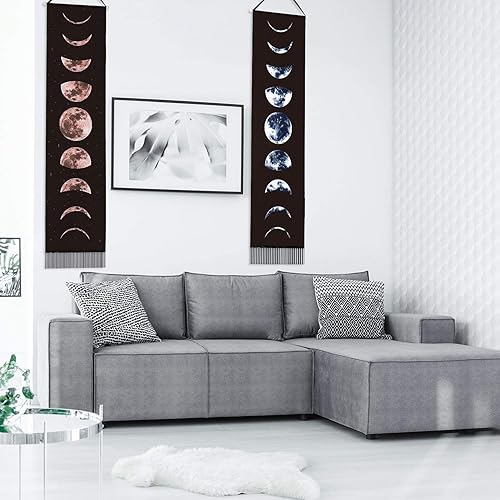 Miniatura 4 de Boao 2 tapices de fase lunar para colgar en la pared, de 12 x 53 pulgadas, tapiz artístico de luna, nueve fases del ciclo de crecimiento completo de