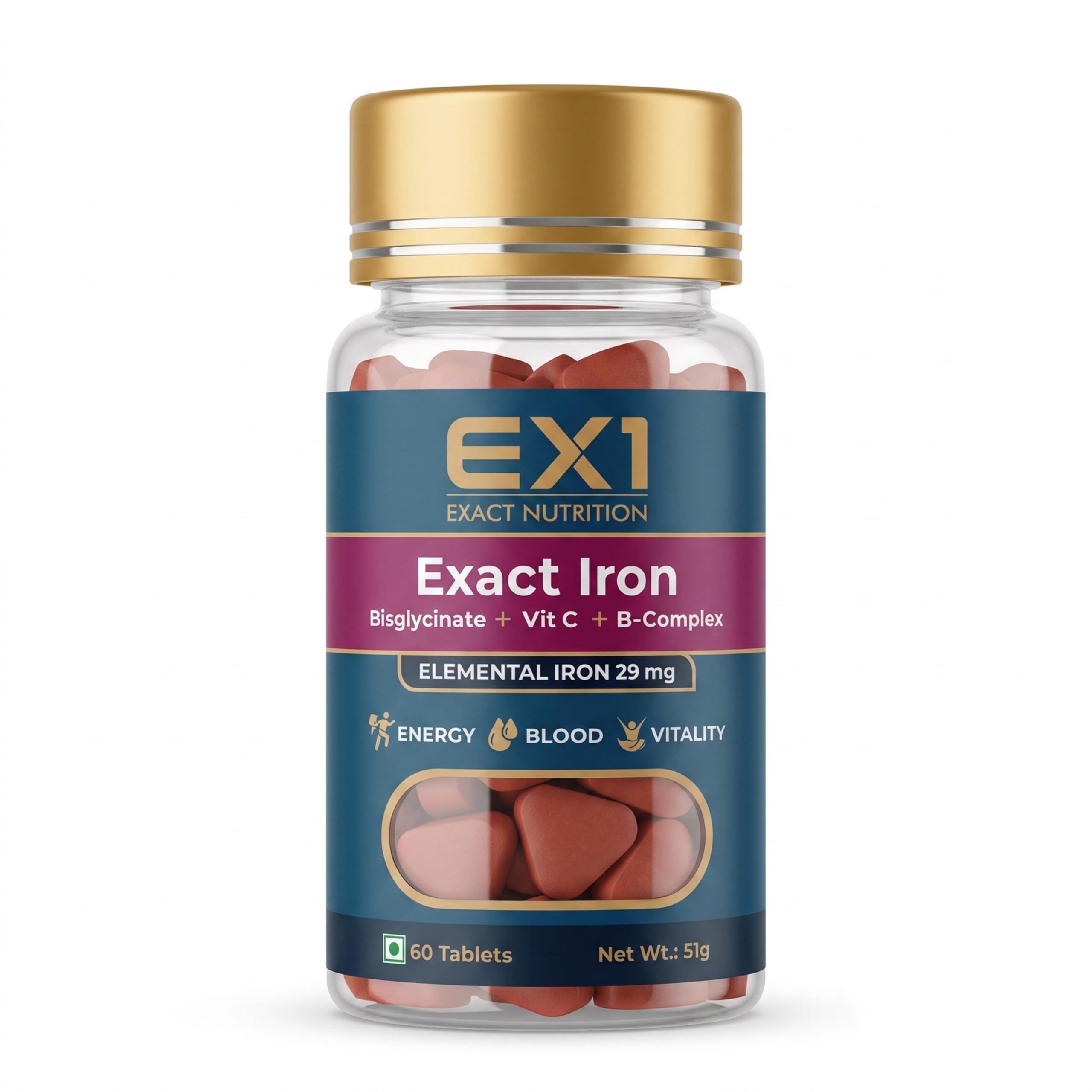 EX1 Iron Supplement for Women & Men | Gentle Iron Bisglycinate, up to 4X Better Absorbed than Ferrous Sulphate | 29mg Elemental with Vitamin C, Folic Acid & B12 | for Energy & Blood Support | 60 Veg Tablets-image-15