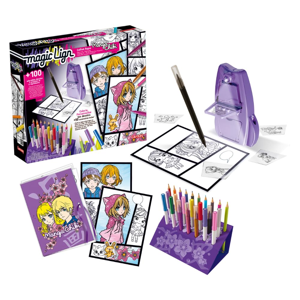 Lansay - MANGA CHIBI - Magic Lign - Coffret Reproduction - Plus de 100 Illustrations à Projeter et Dessiner - Adorables Personnages Manga - Apprendre à Dessiner - Activité Créative - Dès 7 Ans