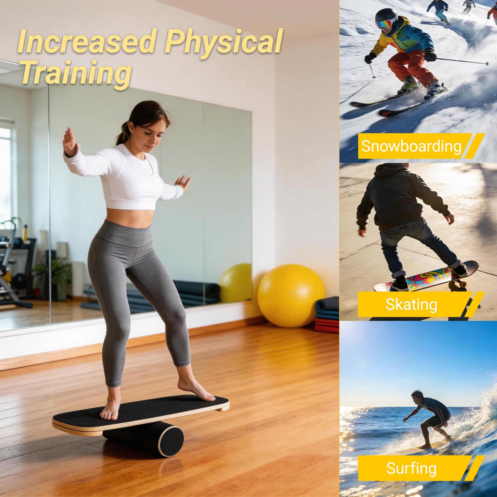 Balance Board Roller Holz, Trainer Rollbrett Balance Trainingsbrett, Surfin BalanceBoard Rutschfest Gleichgewichtstrainer für Einsteiger&Profis, Körperkontrolle Exerciser Schwarz