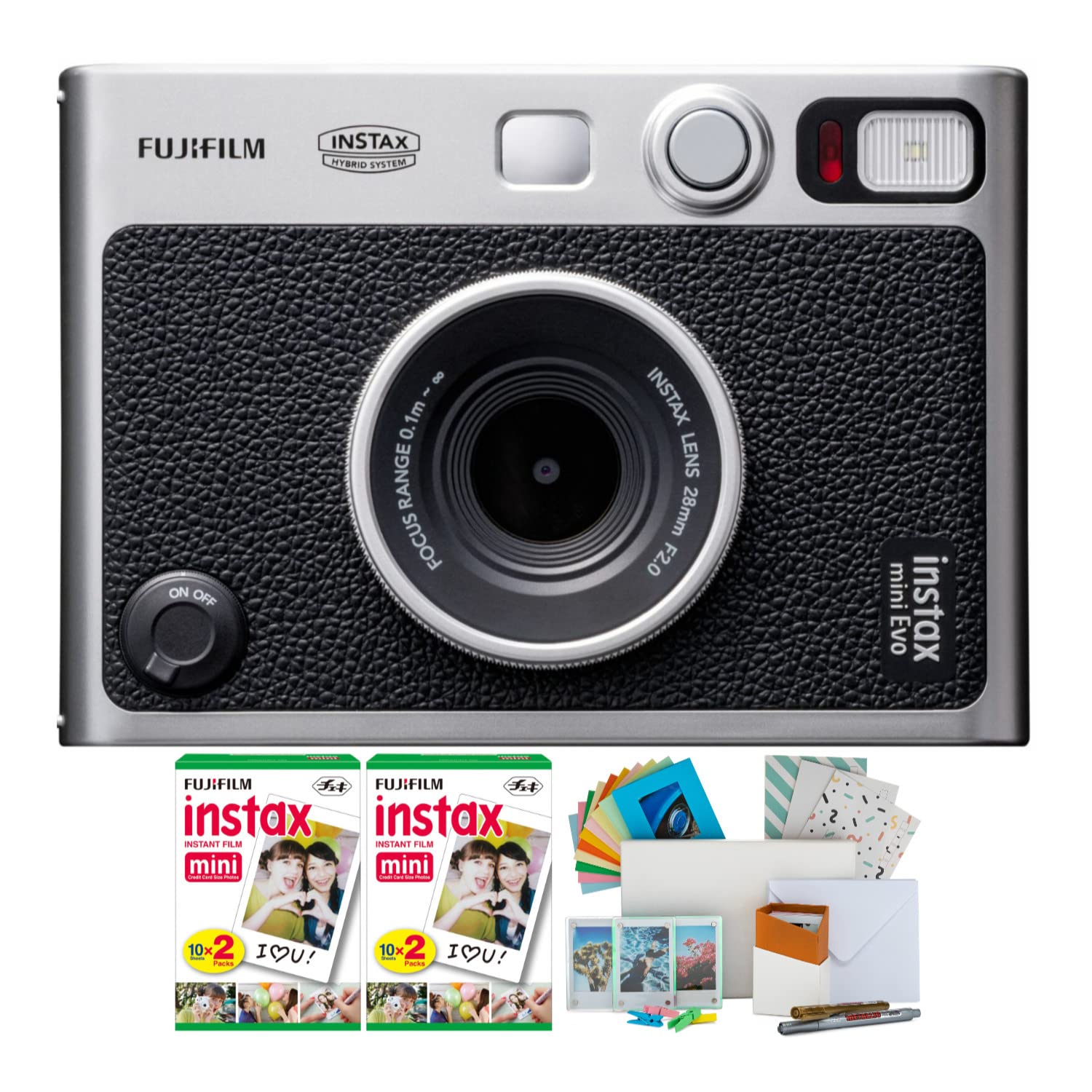 Fujifilm Instax Mini EVO Hybrid Digital/Instant Film Camera (Black) with Fujifilm Instax Mini Instant Film Pack (40 Exp) + Photo Box, Frames and