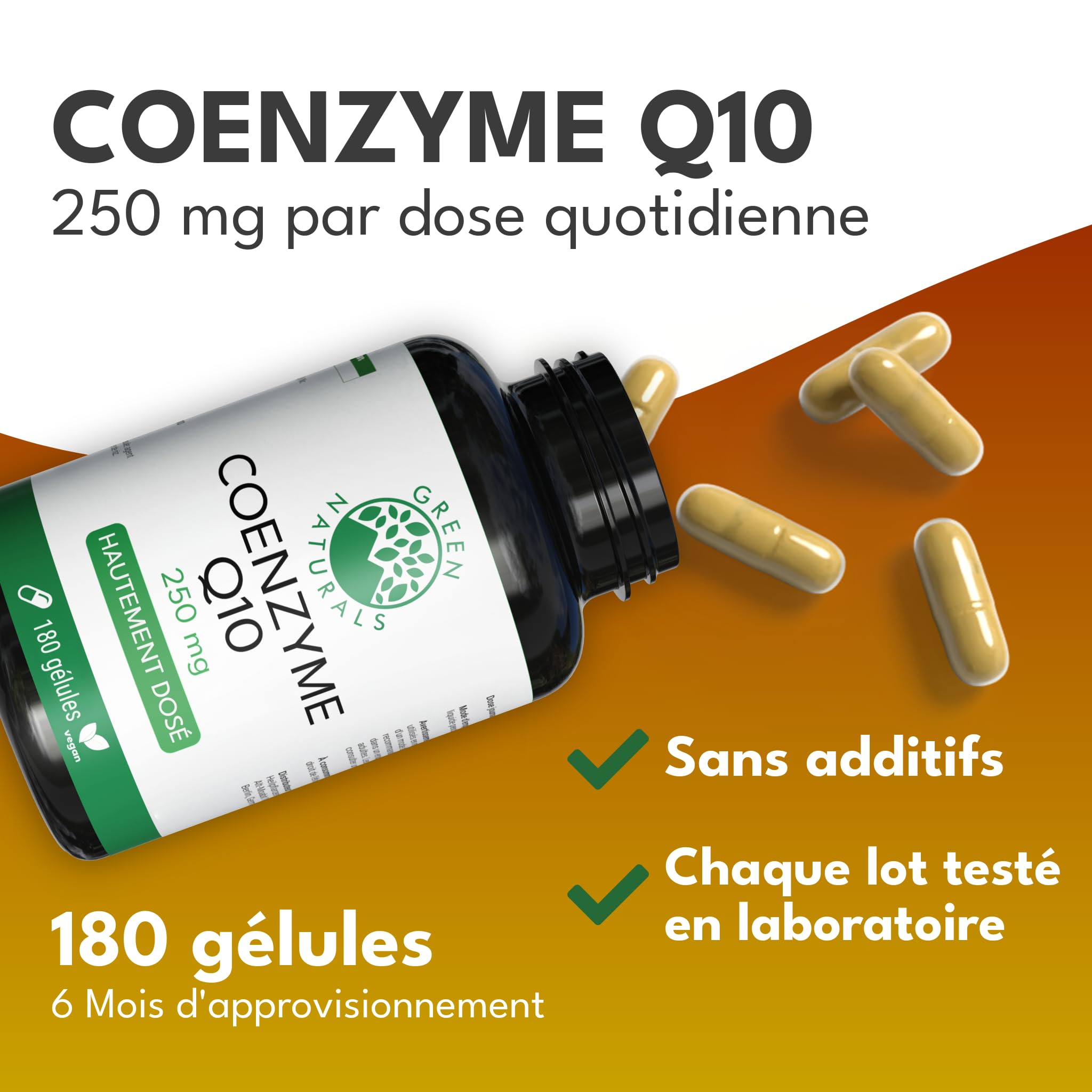 Green Naturals® Coenzyme Q10 250 mg par gélule – 6 mois d’autonomie – CoQ10 haute qualité issu de la fermentation – Testé en laboratoire – 180 gélules végétaliennes | Extrait de fermentation · 6 mois de stock