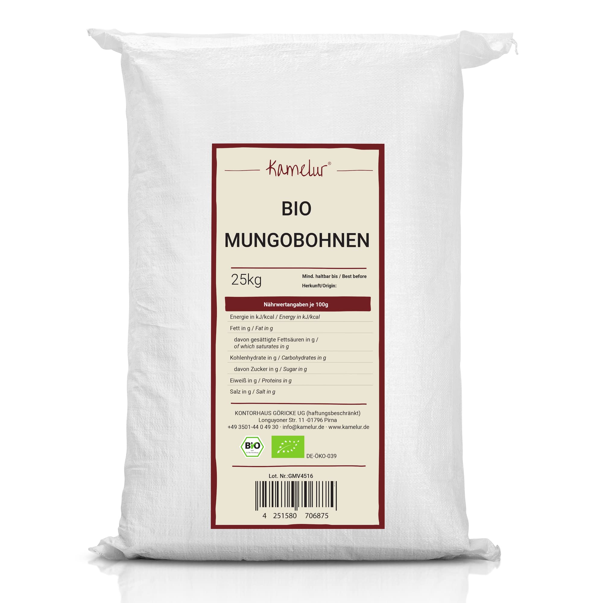 Kamelur Bio Mungbohnen keimfähig - 25kg - getrocknete Mungobohnen Bio ohne Zusätze - Großpackung