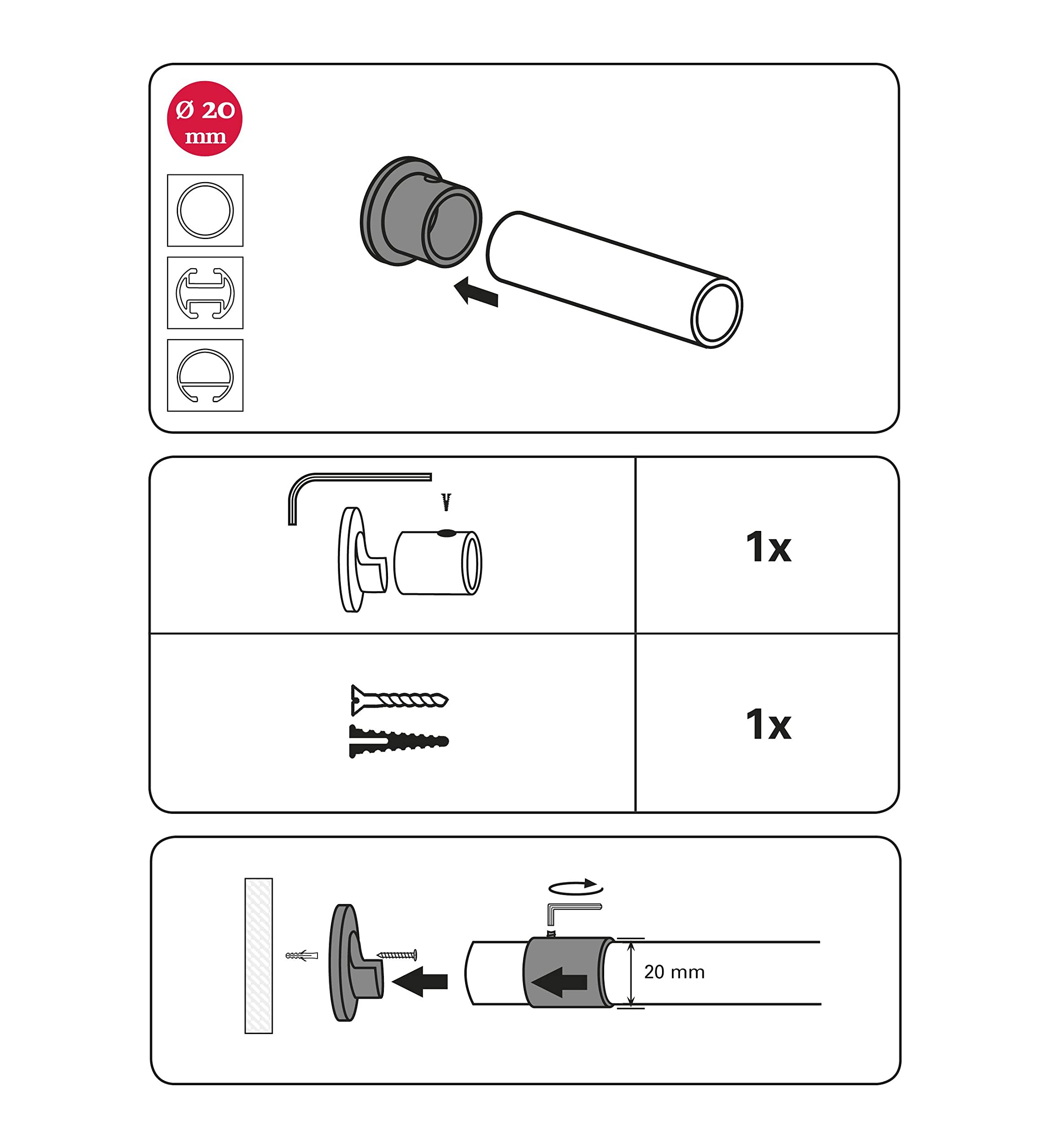 Support Mural Gardinia Pour Tringle Rideau 20mm - Noir, Fixation Inclus