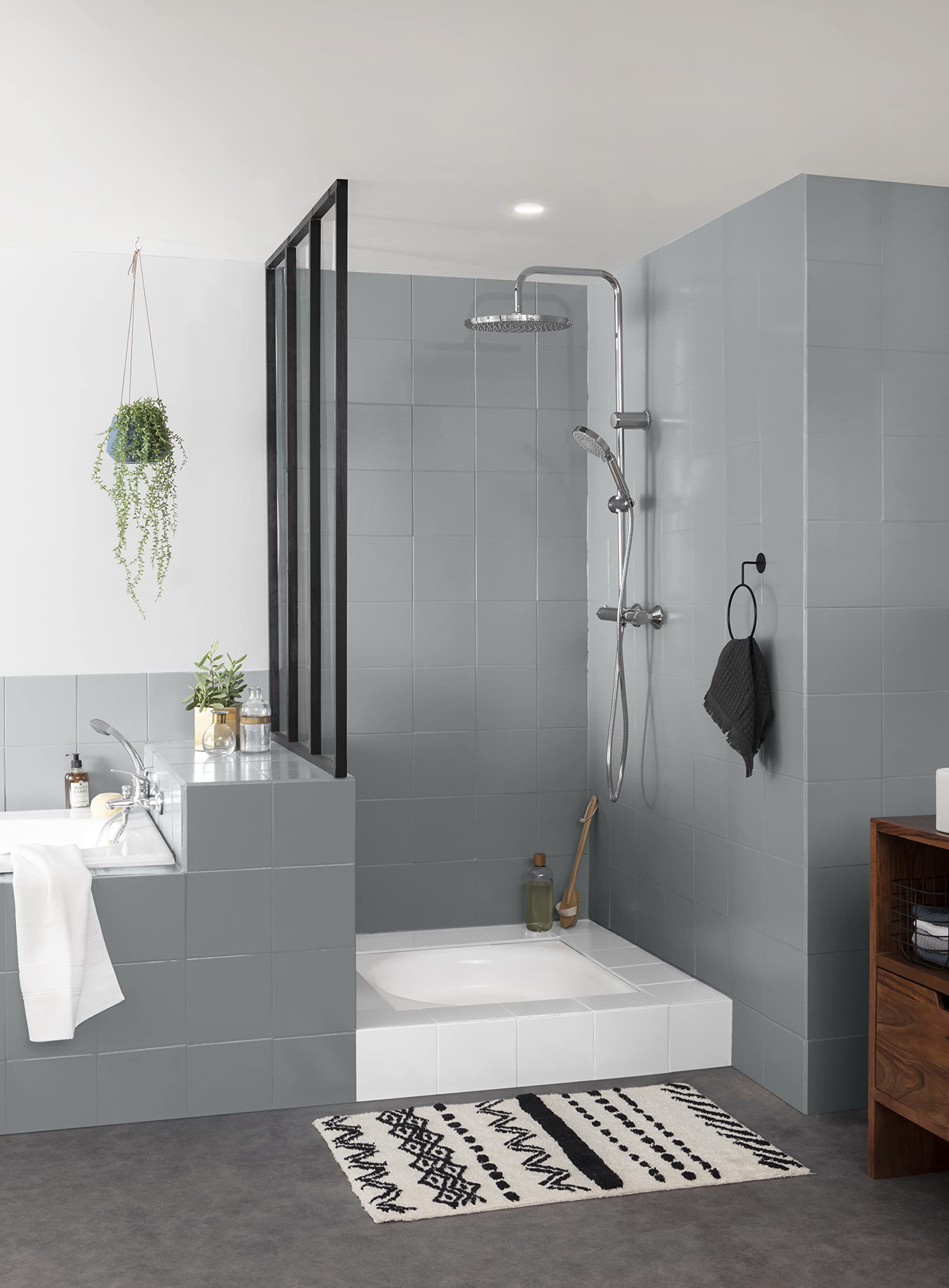 V33 Peinture de rénovation salle de bain, Rénovation perfection Gris dauphin satin 750ml | Haute Adhérence - Barrière Hydrofuge - Sous-Couche intégrée - Ecolabel - Faïence - Meuble - Plan Vasque