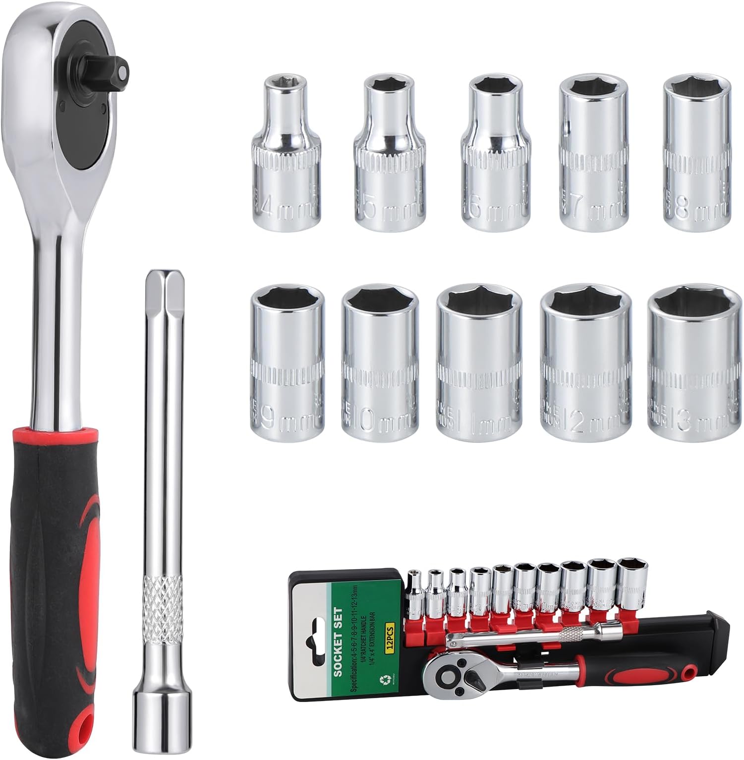 WiMas 12PCS Drive Socket Set Metric Socket Spanner Set 1/4 Inch Drive Ratchet Wrench with Extension Bar and 10pcs Short Set 4-13mm for Auto Mechanical Home Installation