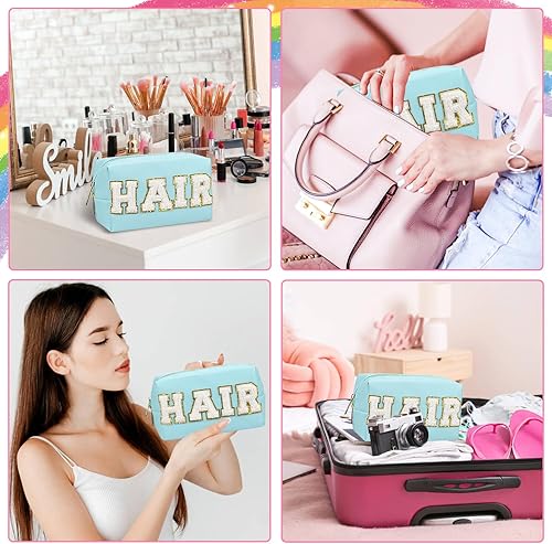Miniatura 6 de Bolsa de maquillaje de parche de piel sintética, portátil, impermeable, para cosméticos, uso diario, para mujeres y niñas, Pelo azul., Parche Preppy